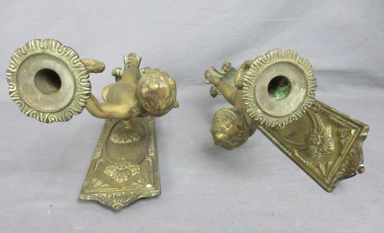 Pair Gorgeous Wall Mounted Sconces Candle Holders Putti Cherub Angels Brass Mark photo vinterior