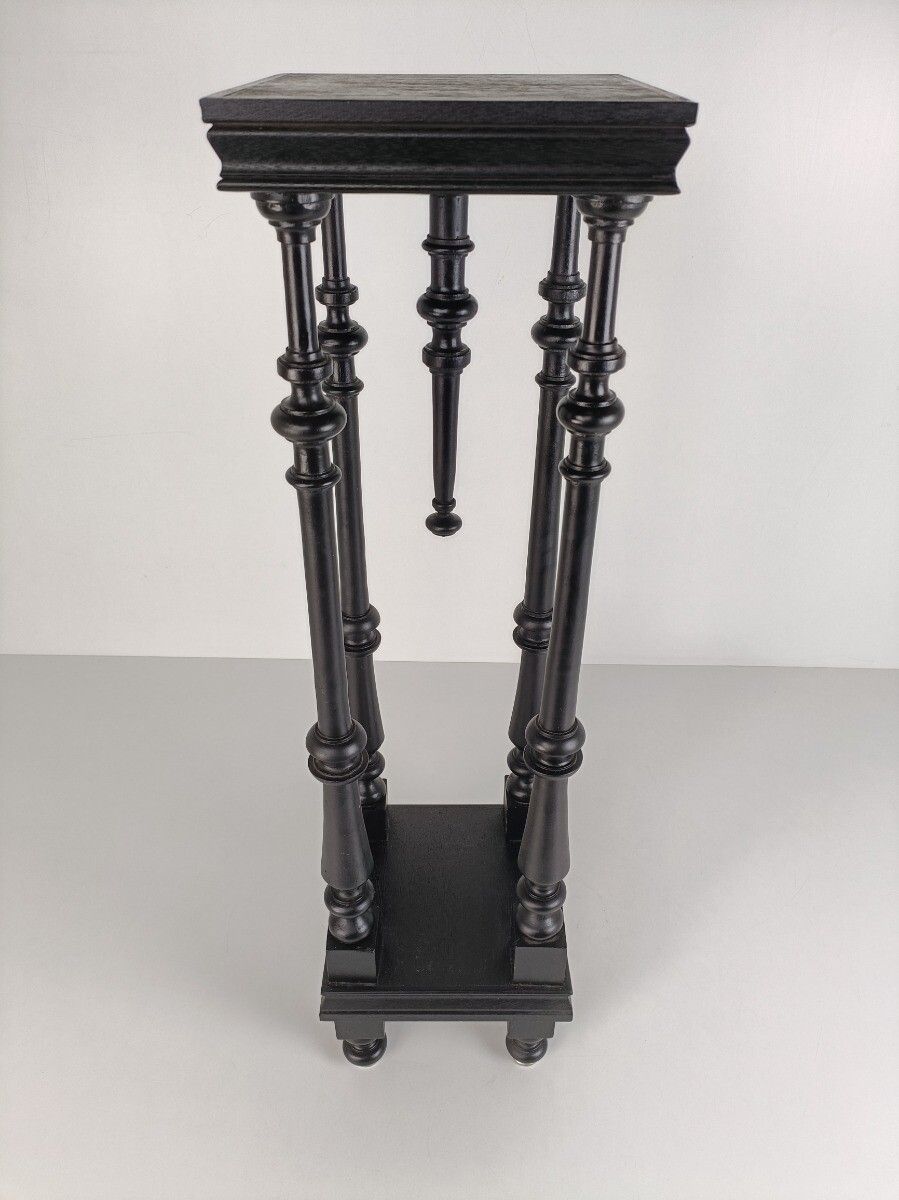Black Lacquered Wood Wooden Pedestal Plant Bonsai Stand Console Spindles Two Tie photo Furniture