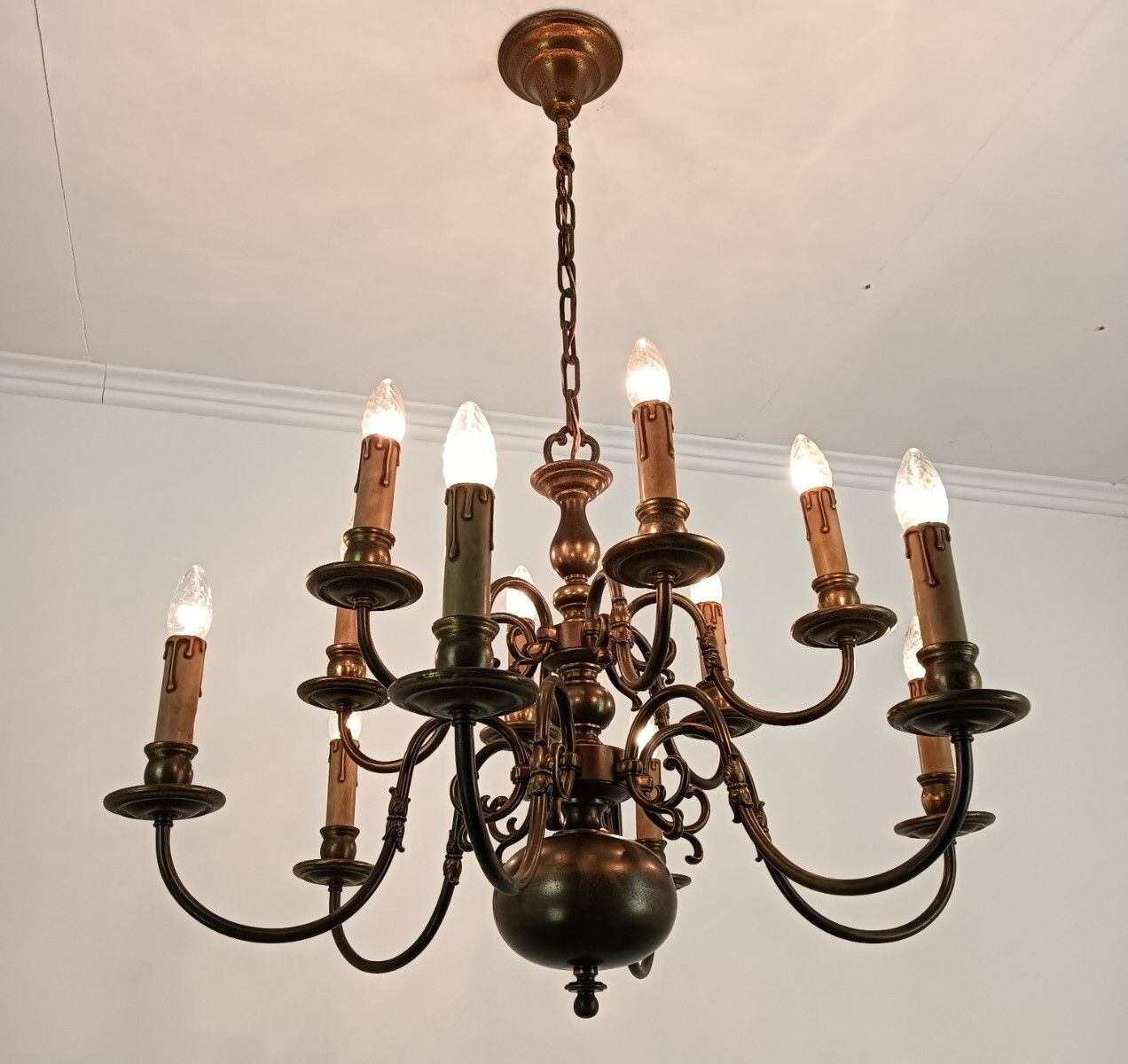 Flemish Dutch  Chandelier 12 Arms Lights Brass Gorgeous Htf Vintage Two Tier Vin photo for sale