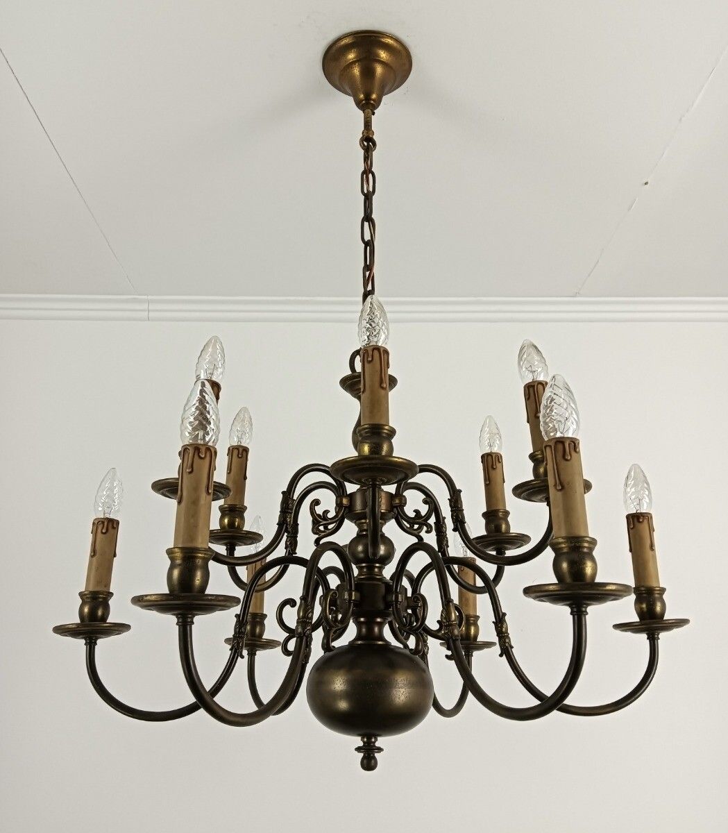 Lighting Flemish Dutch  Chandelier 12 Arms Lights Brass Gorgeous Htf Vintage Two Tier Vin photo
