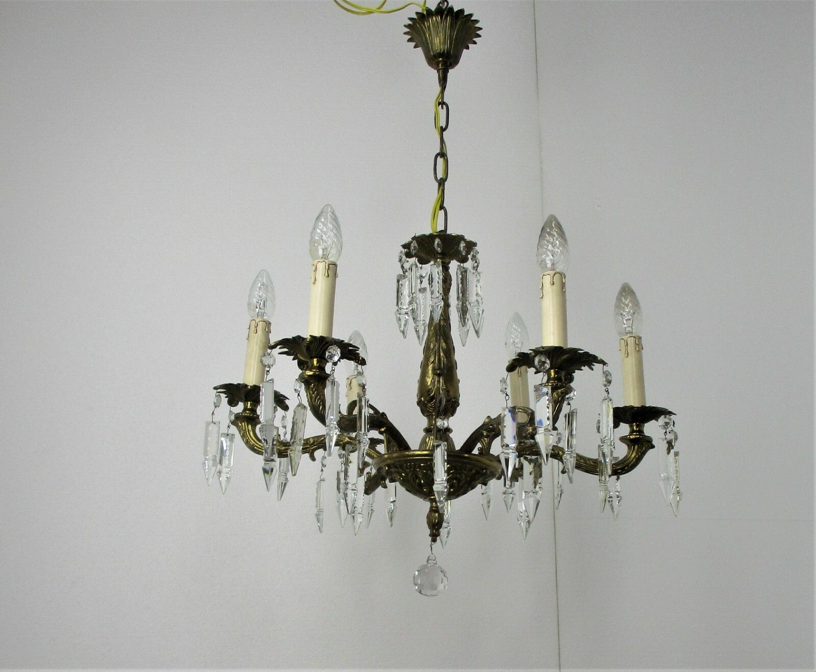 6 Arm Lights Chandelier Revival French Empire Style Brass Ornate Prisms Wow photo for sale