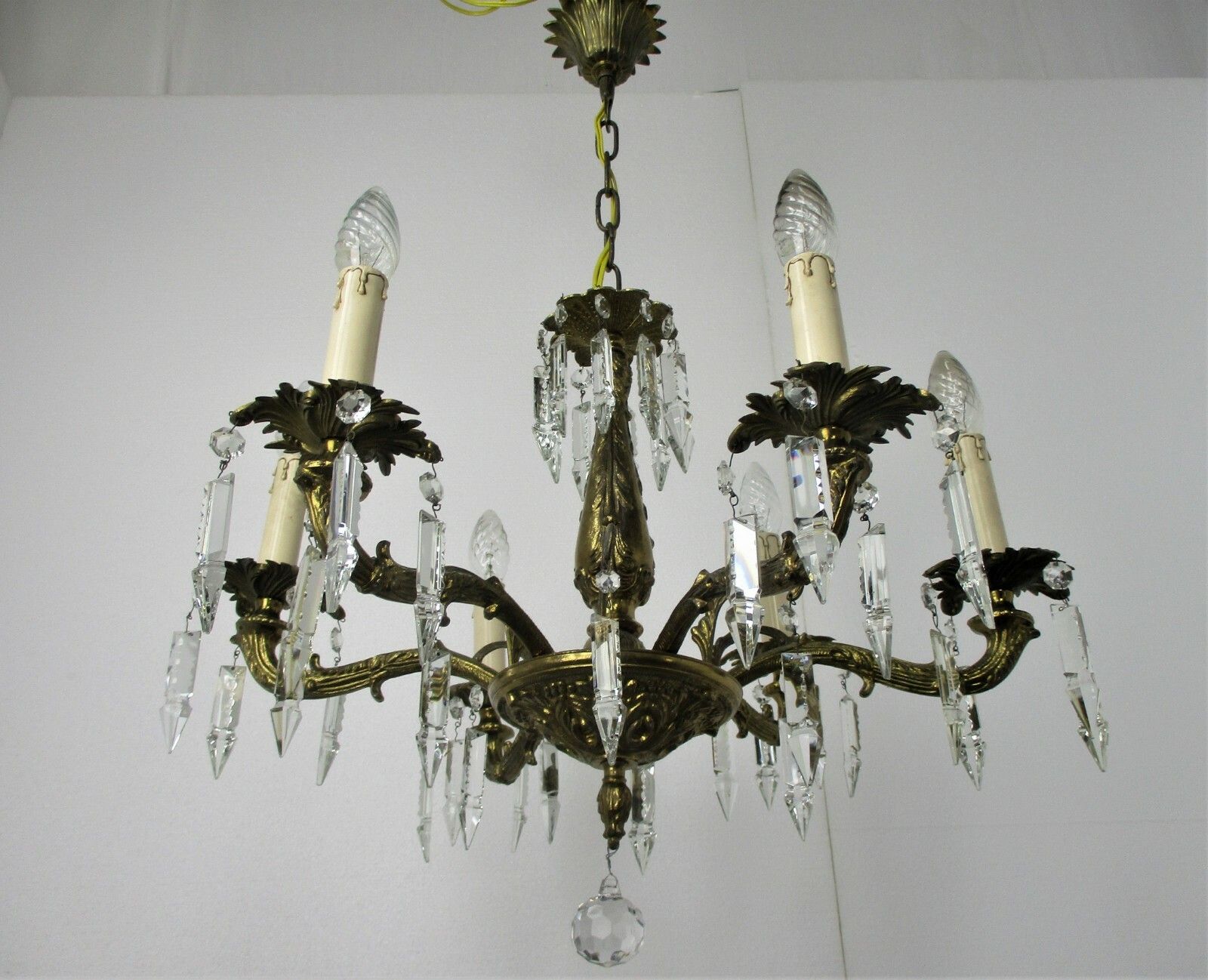 6 Arm Lights Chandelier Revival French Empire Style Brass Ornate Prisms Wow photo vintage
