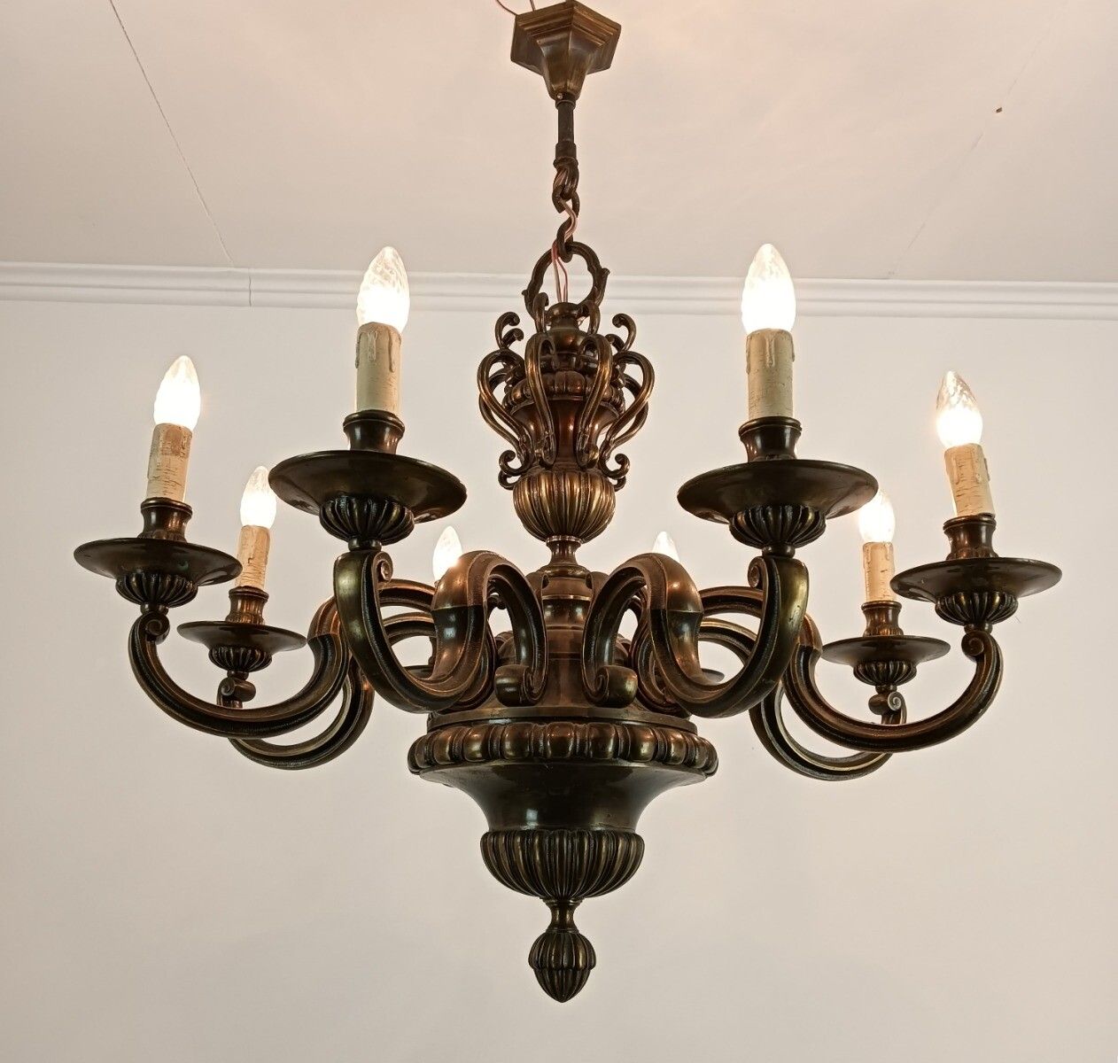 Impressive Bronze Chandelier Flemish Dutch Style Heavy 8 Lights Extremely Rare photo for sale