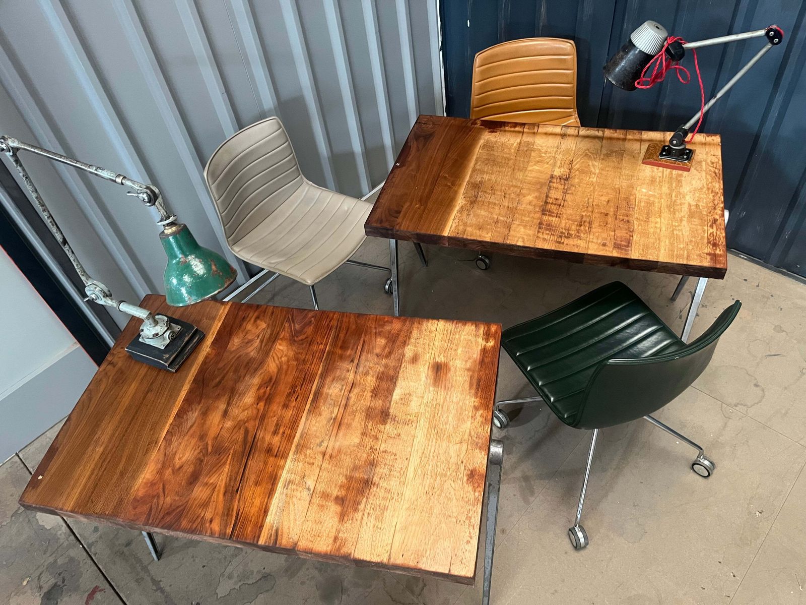 1950s James Leonard Compass Leg Desk With Reclaimed Oak Top photo vinterior