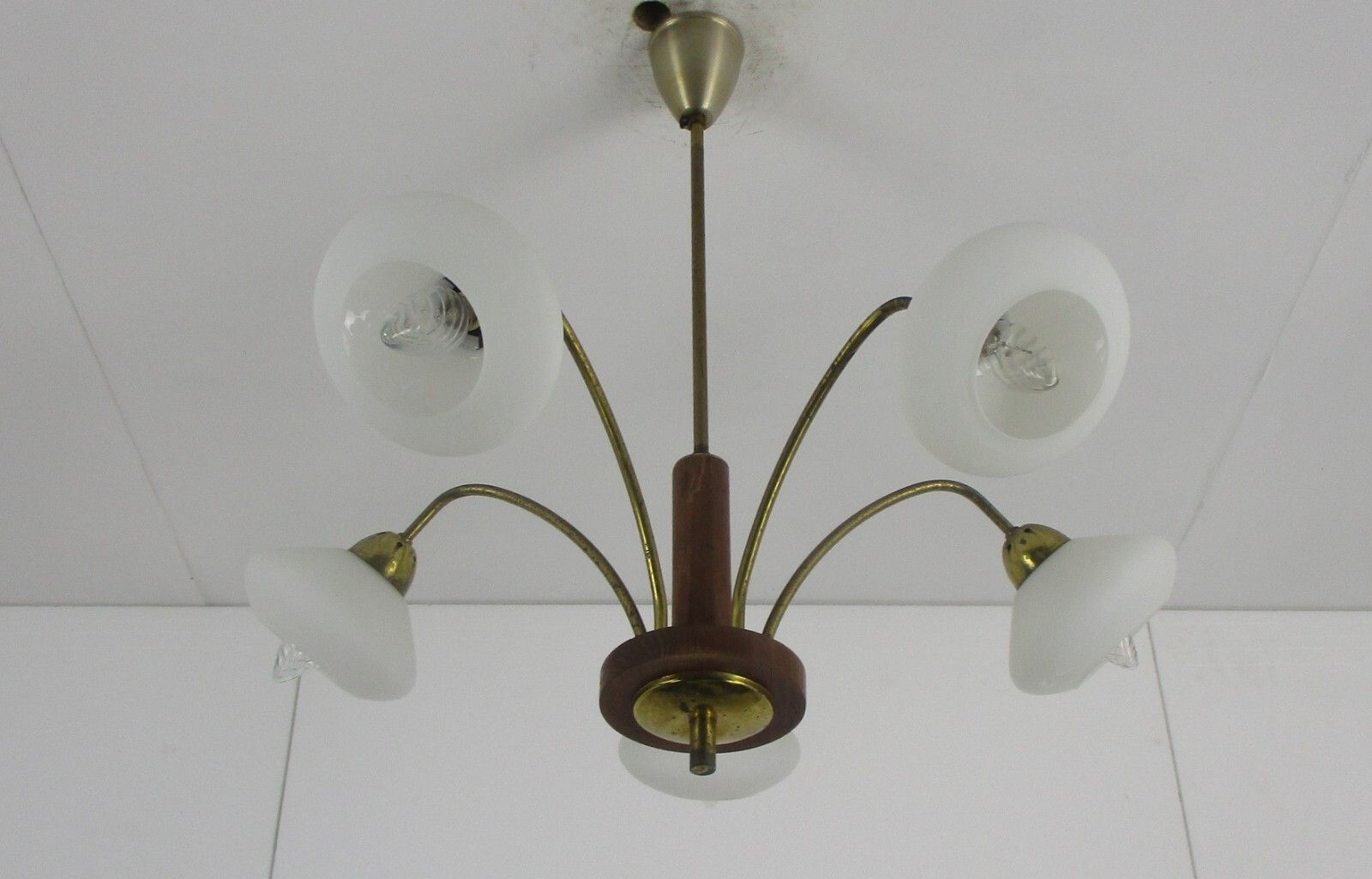 Mid Century Spider Chandelier 5 Lights Arms Wood Brass Glass Shades Pop Art photo furniture