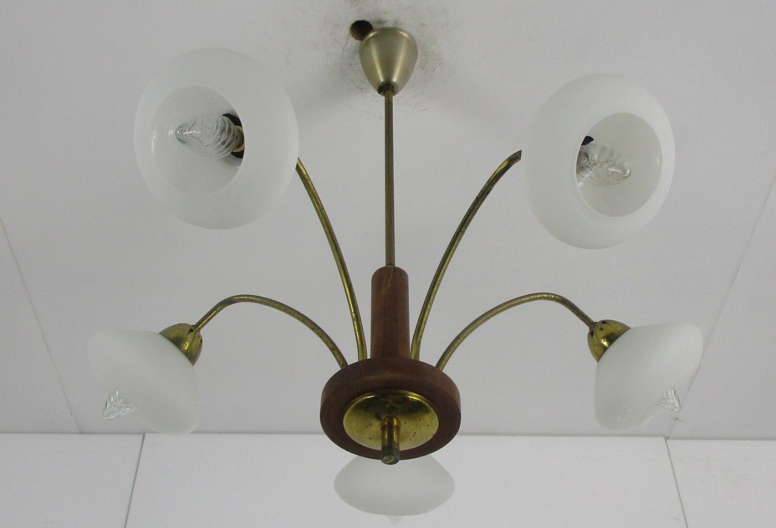 Mid Century Spider Chandelier 5 Lights Arms Wood Brass Glass Shades Pop Art photo for sale