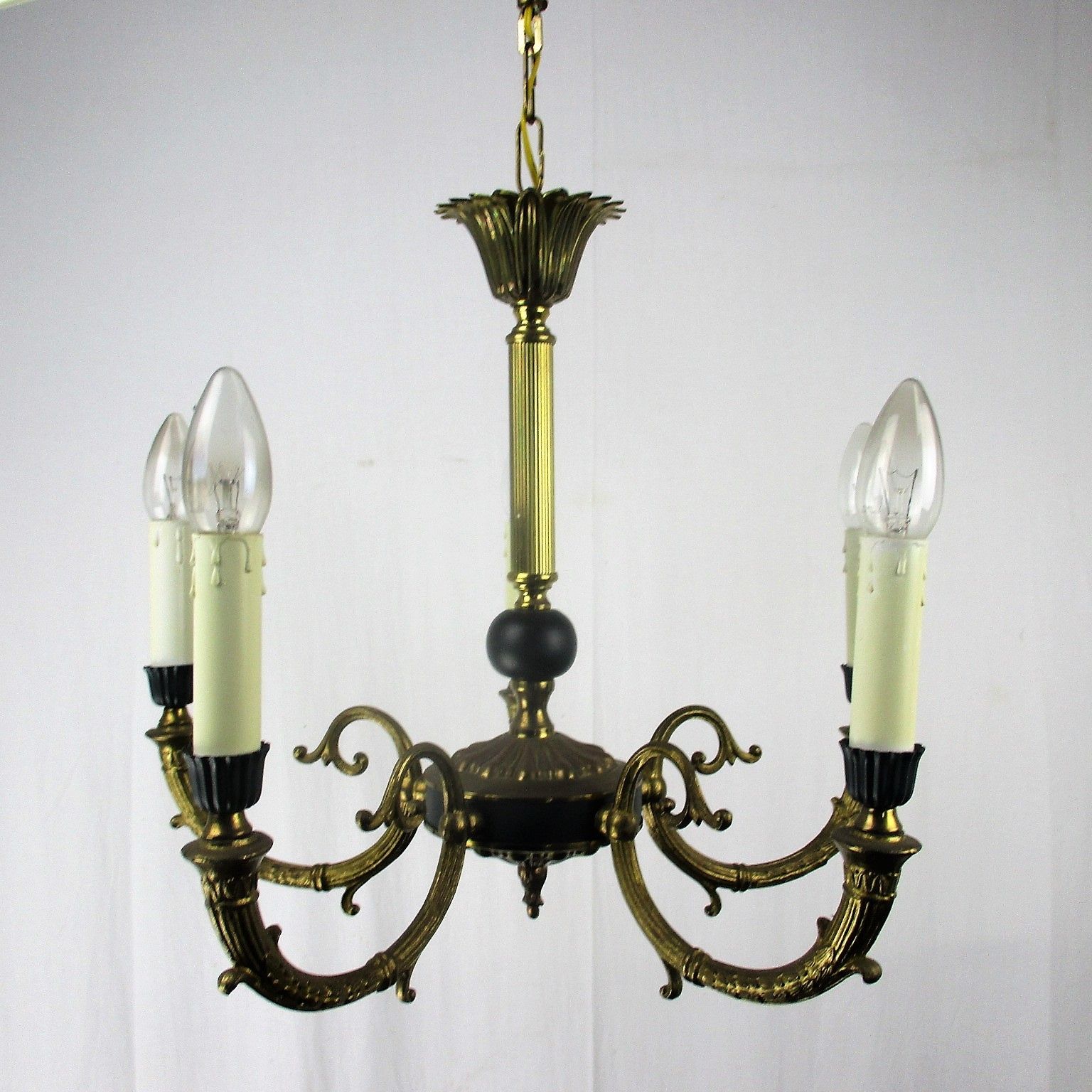 French Empire Pan Chandelier Green Wood Tole Brass 5 Arms Hollywood Regency photo Lighting