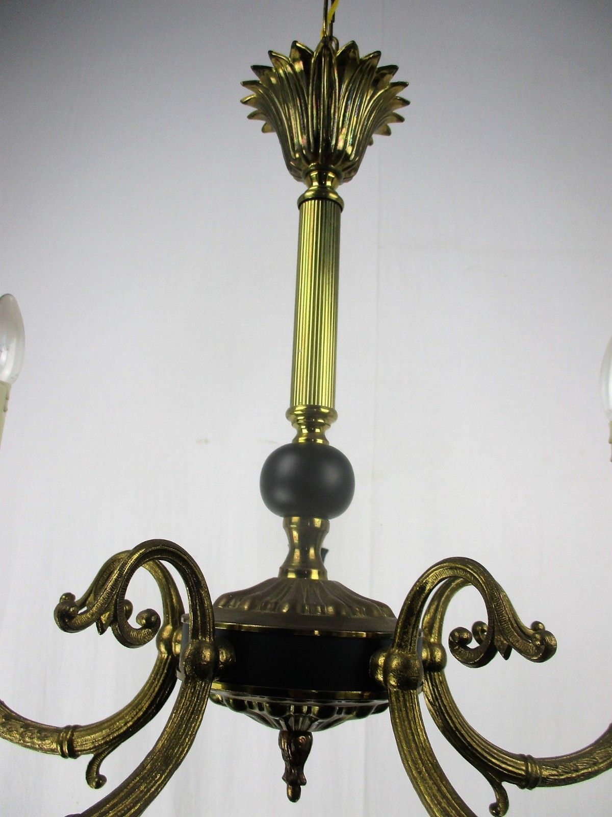 French Empire Pan Chandelier Green Wood Tole Brass 5 Arms Hollywood Regency photo vinterior