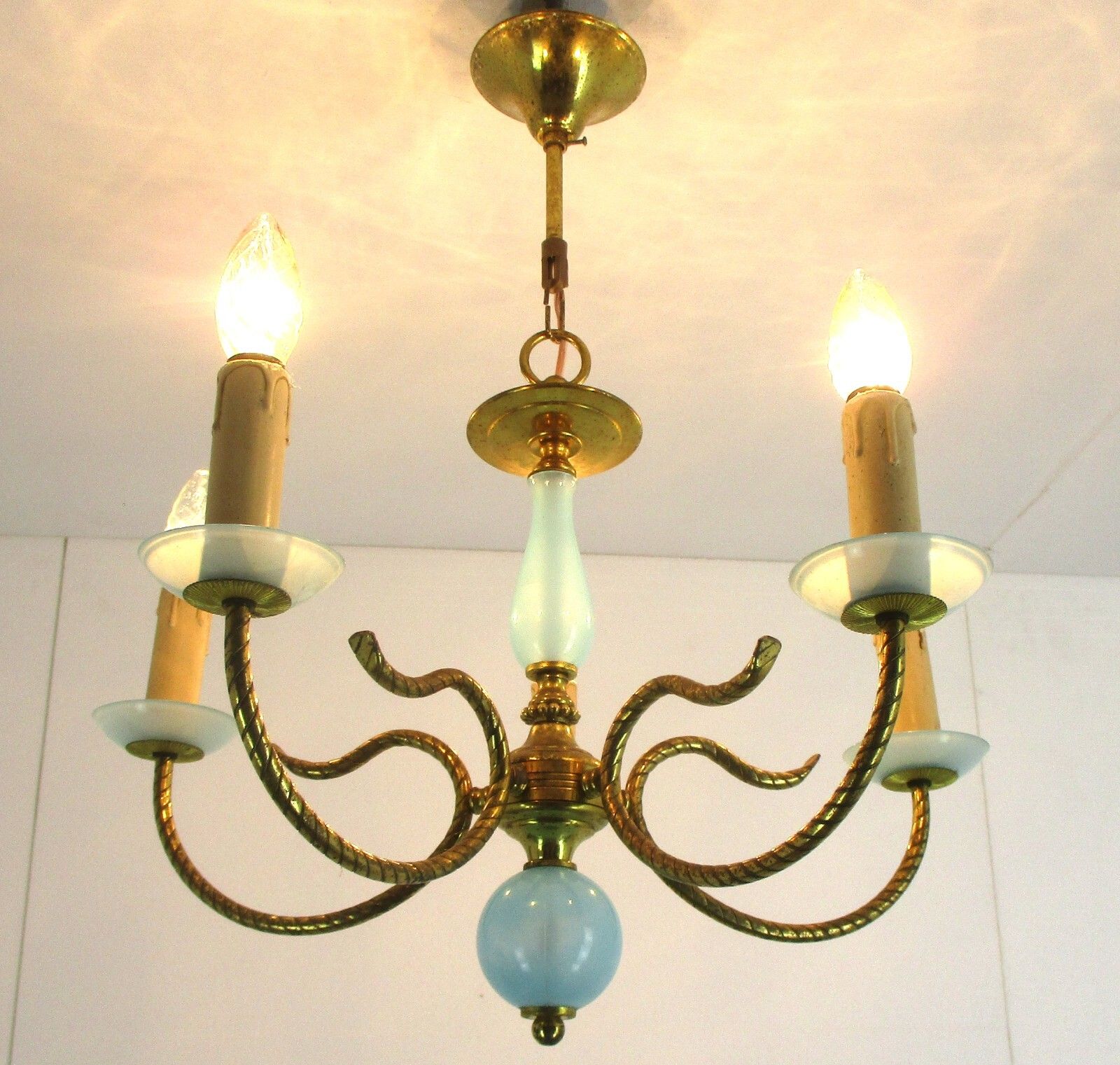 Opaline Baby Blue Brass Chandelier Hollywood Regency Romantic 4 Arm Lights photo furniture