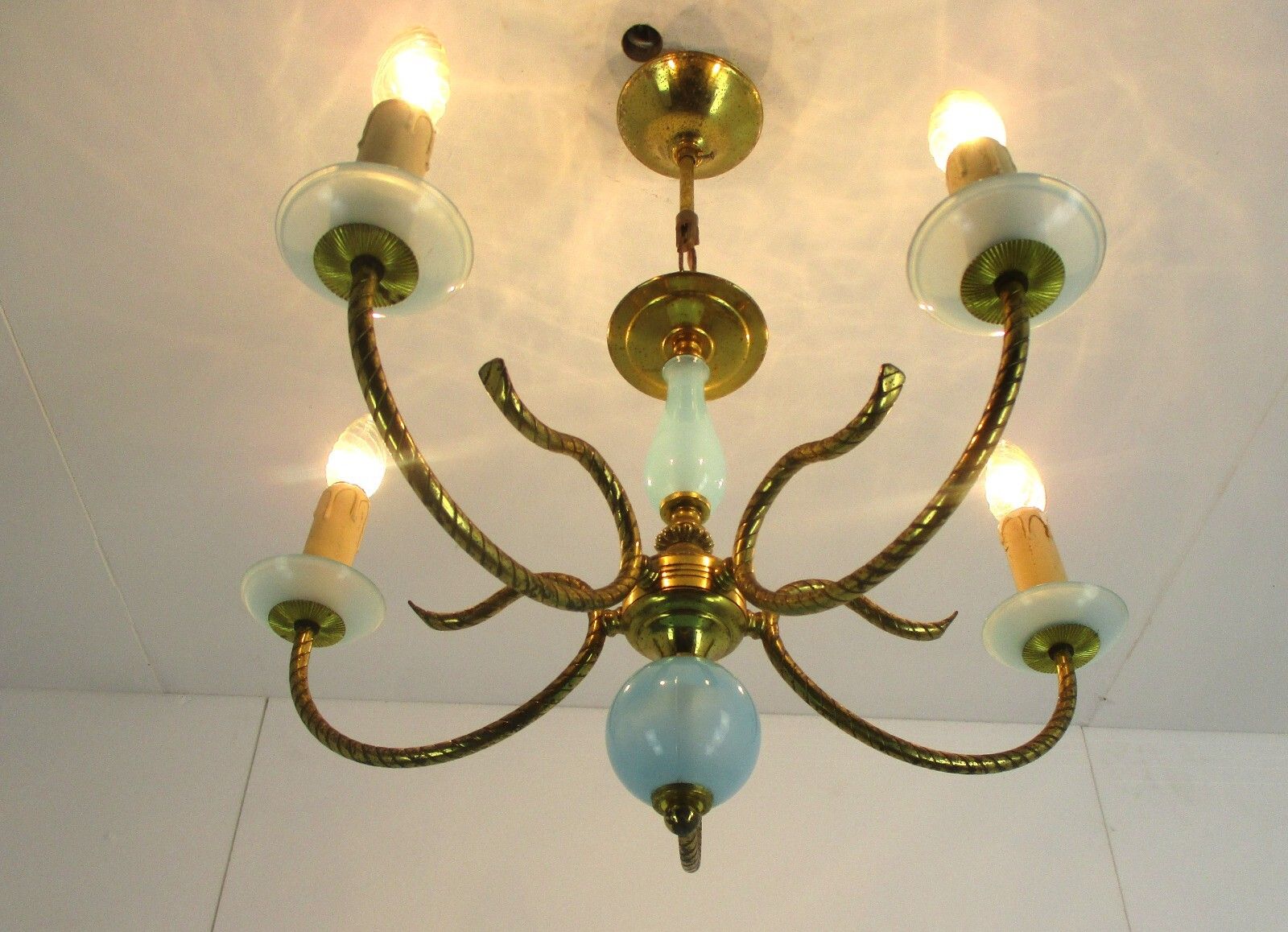 Opaline Baby Blue Brass Chandelier Hollywood Regency Romantic 4 Arm Lights photo for sale
