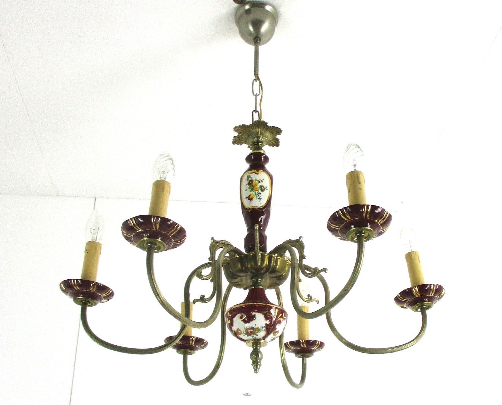 Chandelier 6 Arms Lights Ceramic Porcelain Ceramic Brass Italian Style Flowers photo for sale