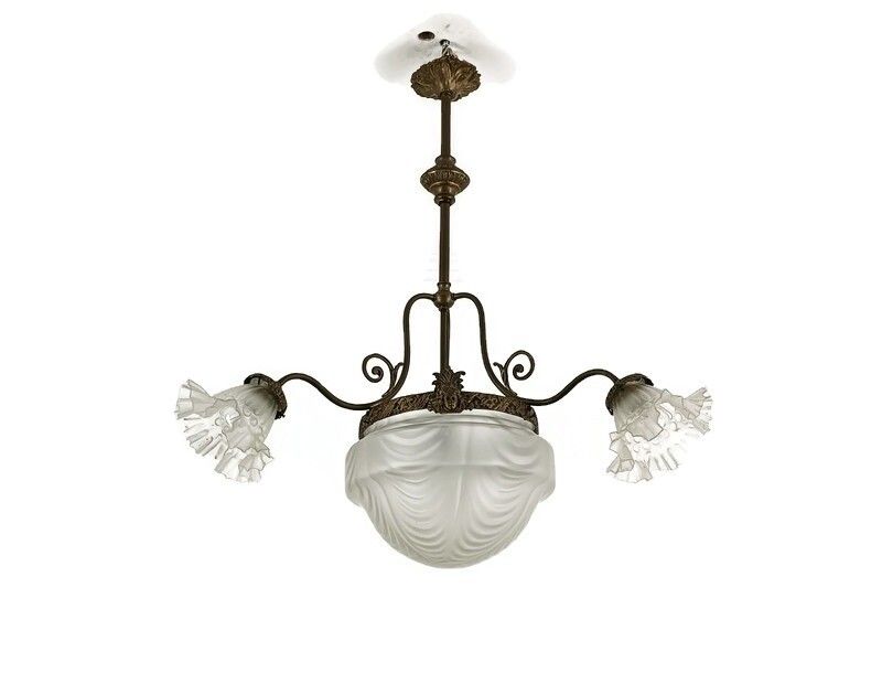 Art Deco Antique Chandelier 4 Lights 4 Arm Glass Flower Shades Brass Gorgeous