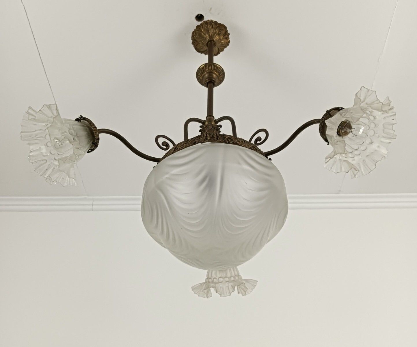 Art Deco Antique Chandelier 4 Lights 4 Arm Glass Flower Shades Brass Gorgeous photo furniture