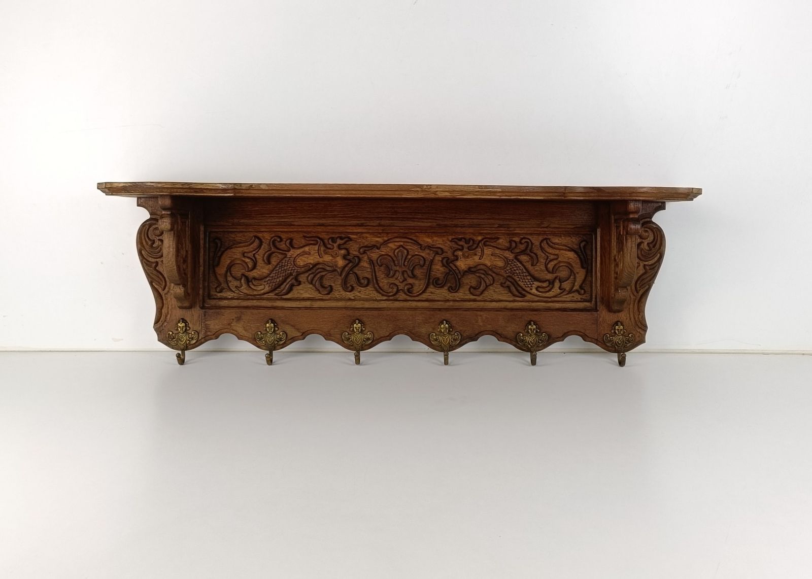 Antique Carved Wood Coat Hat Rack Ornate Etched Hand Carved Wood Oack Angel Hook photo furniture
