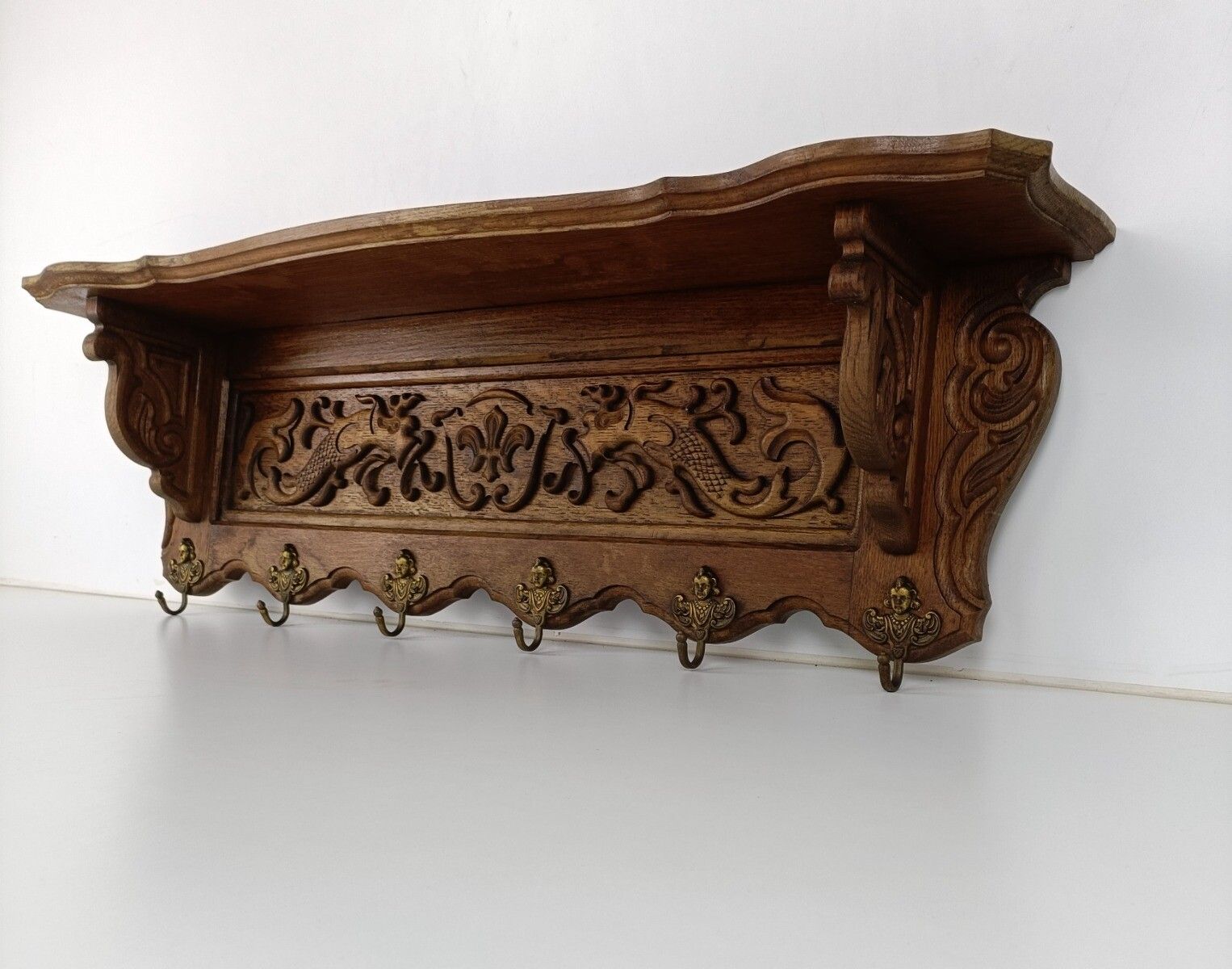 Antique Carved Wood Coat Hat Rack Ornate Etched Hand Carved Wood Oack Angel Hook photo 344.0