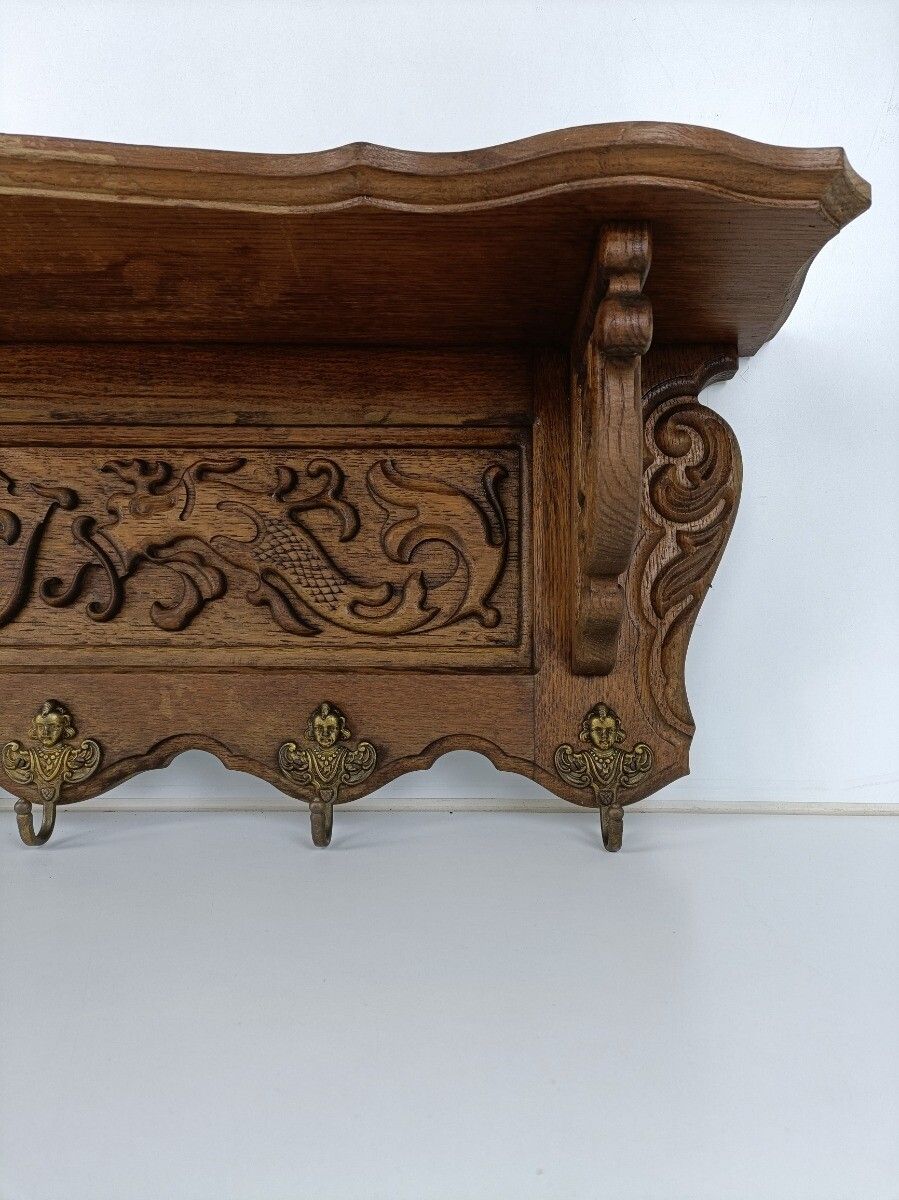 Antique Carved Wood Coat Hat Rack Ornate Etched Hand Carved Wood Oack Angel Hook photo vinterior