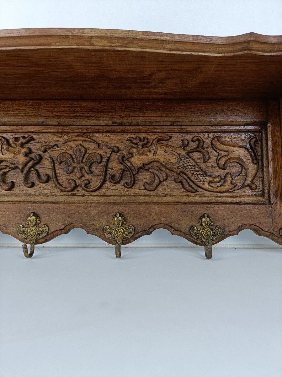 Antique Carved Wood Coat Hat Rack Ornate Etched Hand Carved Wood Oack Angel Hook photo buy