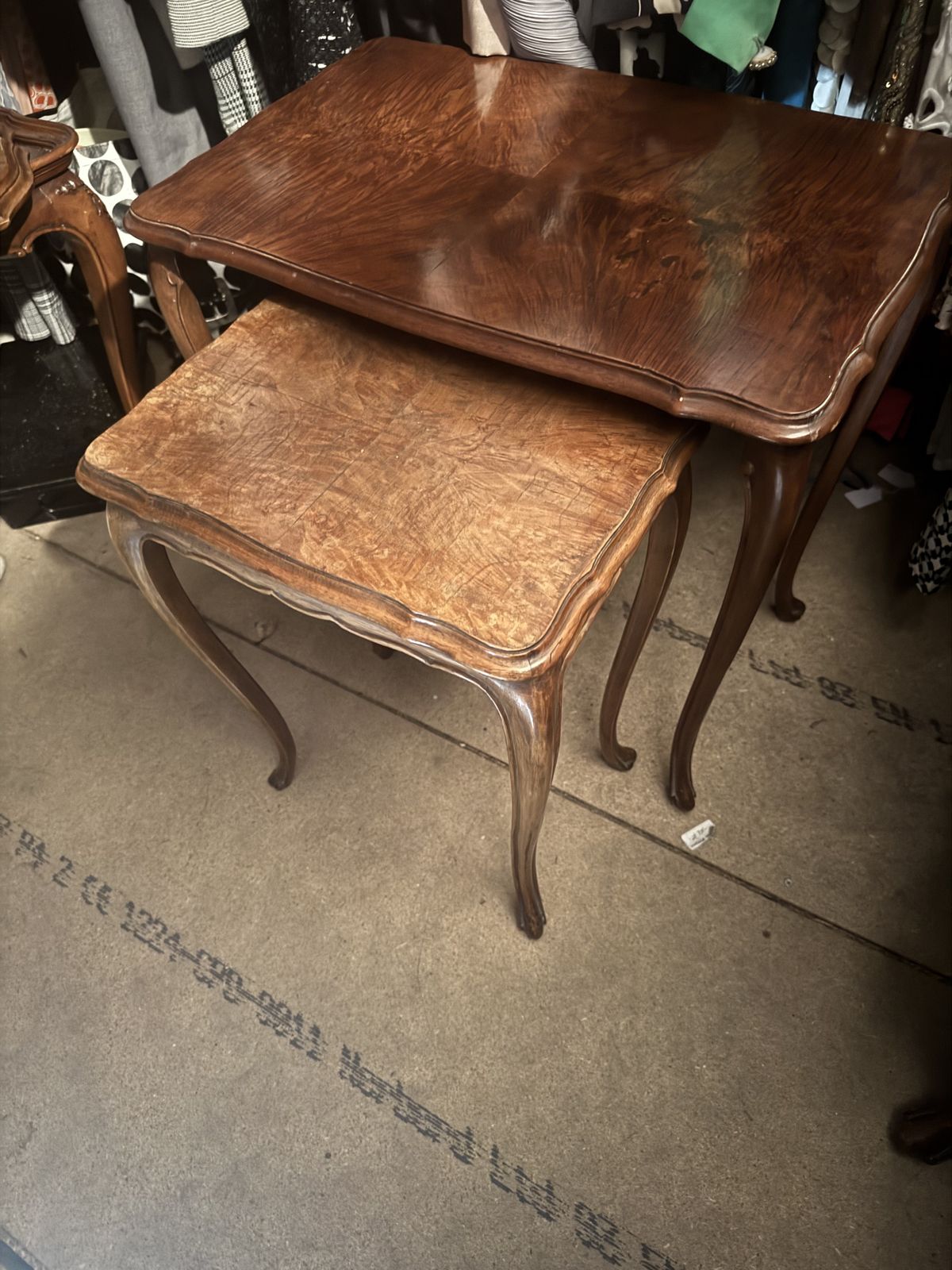 1930's  Burr Walnut Antique French Nest Of 2 Tables With French Cabriolet Legs photo for sale