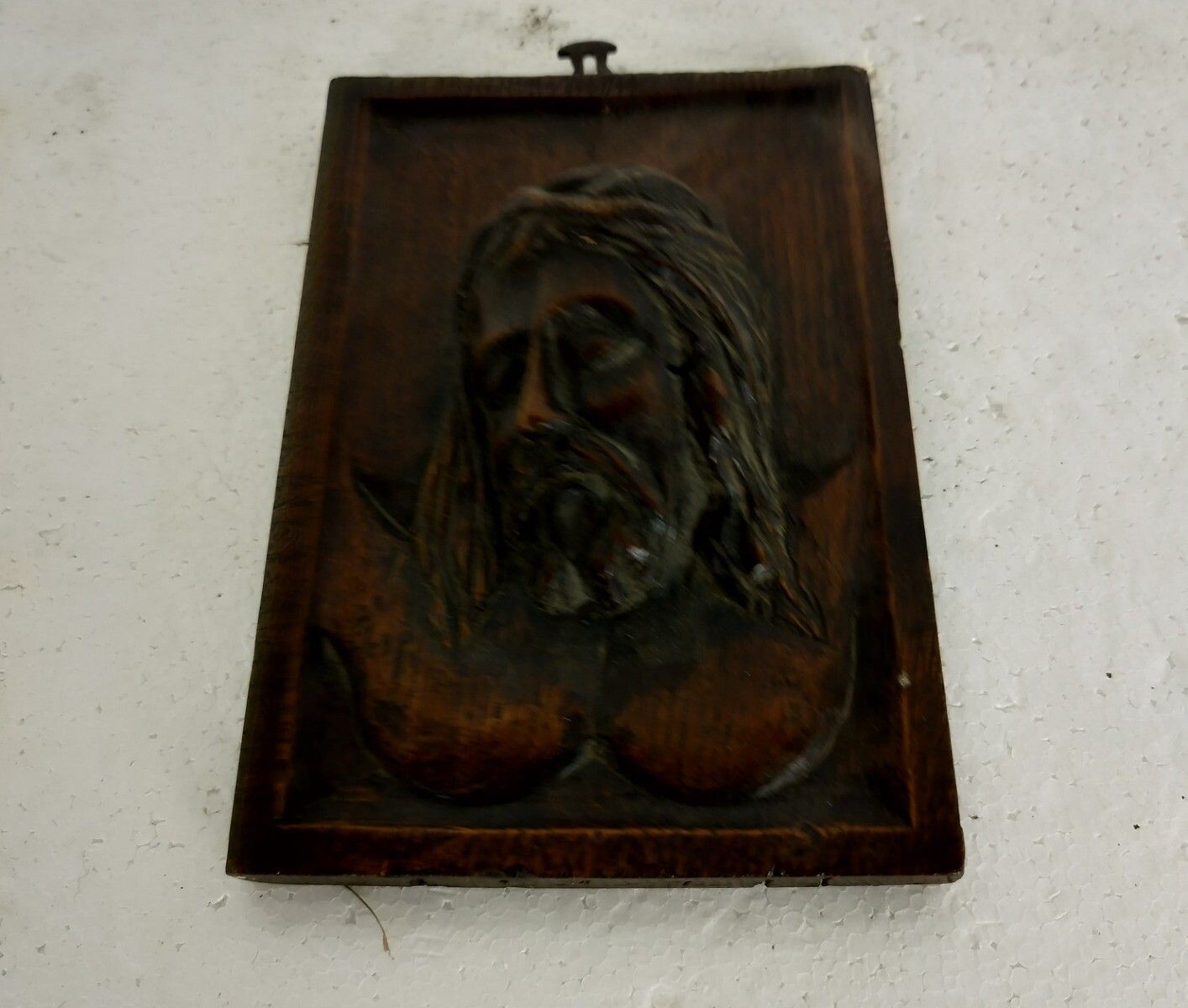 Small Hand Carved Wood Wooden Wall Panel Hanging Jesus Christ Face Lovely Vintag photo vinterior
