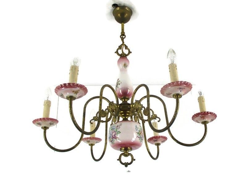 Chandelier 6 Arm Lights Italian  Porcelain Flowers Ornate Brass Mid Century