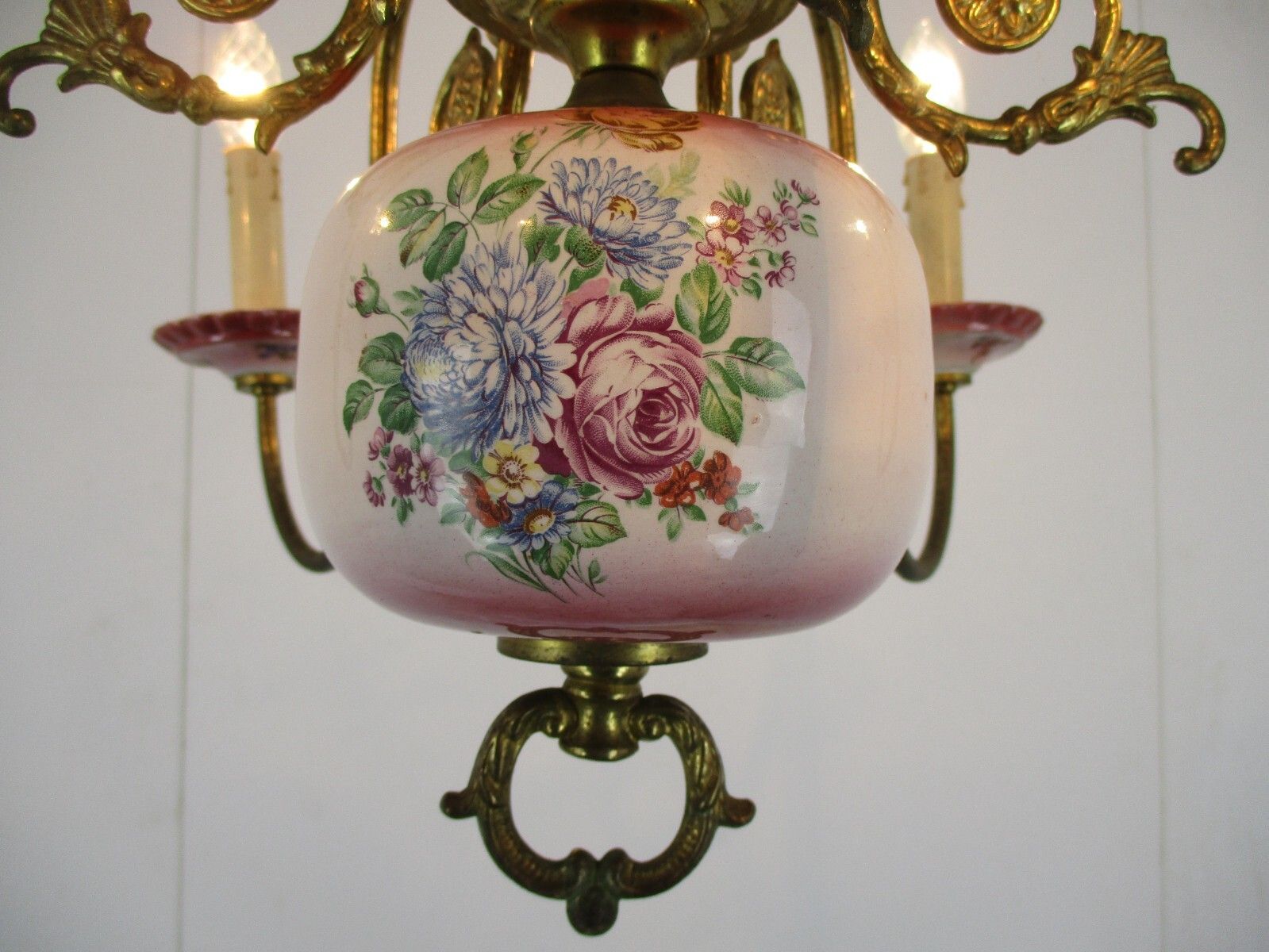 Chandelier 6 Arm Lights Italian  Porcelain Flowers Ornate Brass Mid Century photo vinterior