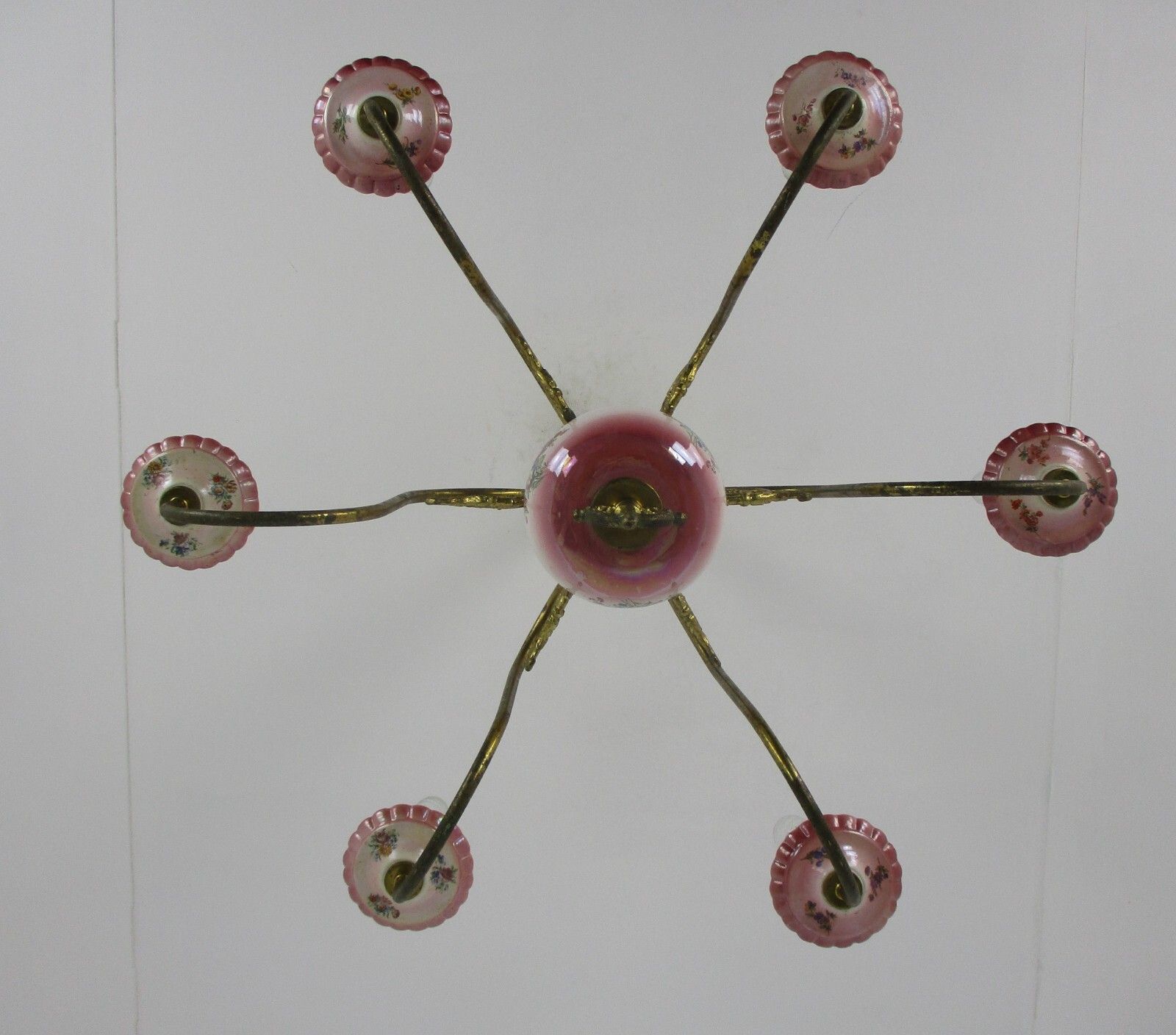 Chandelier 6 Arm Lights Italian  Porcelain Flowers Ornate Brass Mid Century photo vintage