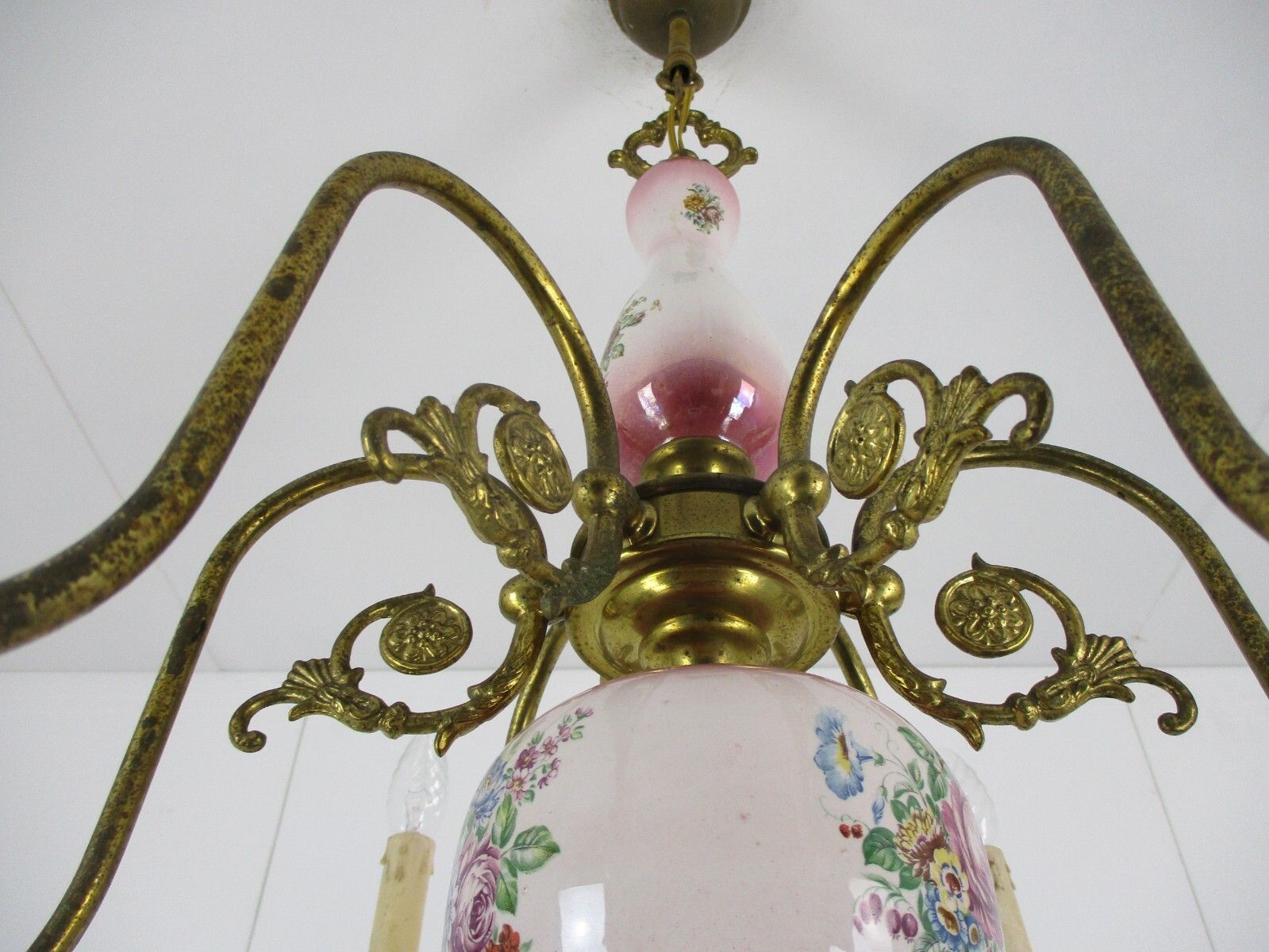 photo furniture Chandelier 6 Arm Lights Italian  Porcelain Flowers Ornate Brass Mid Century