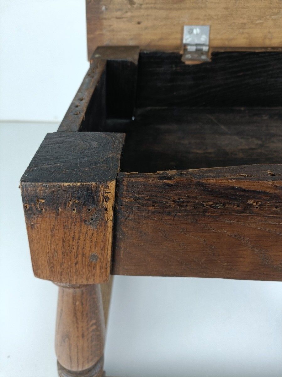 Antique Barn Style Side Table  Oak Carved Tapped Wood Desk Quilting Sewing Table photo vintage