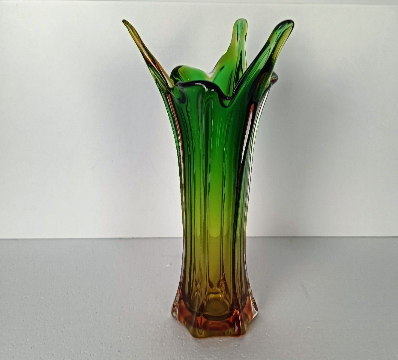 Vintage Fratelli Toso Murano Sommerso Art Glass Vase Green Brown Marked photo for sale