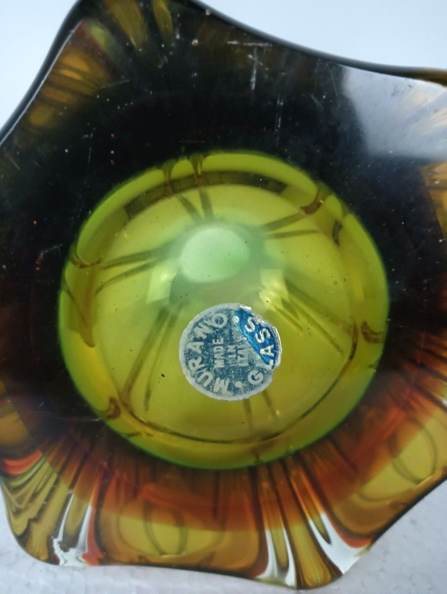 Vintage Fratelli Toso Murano Sommerso Art Glass Vase Green Brown Marked photo vintage