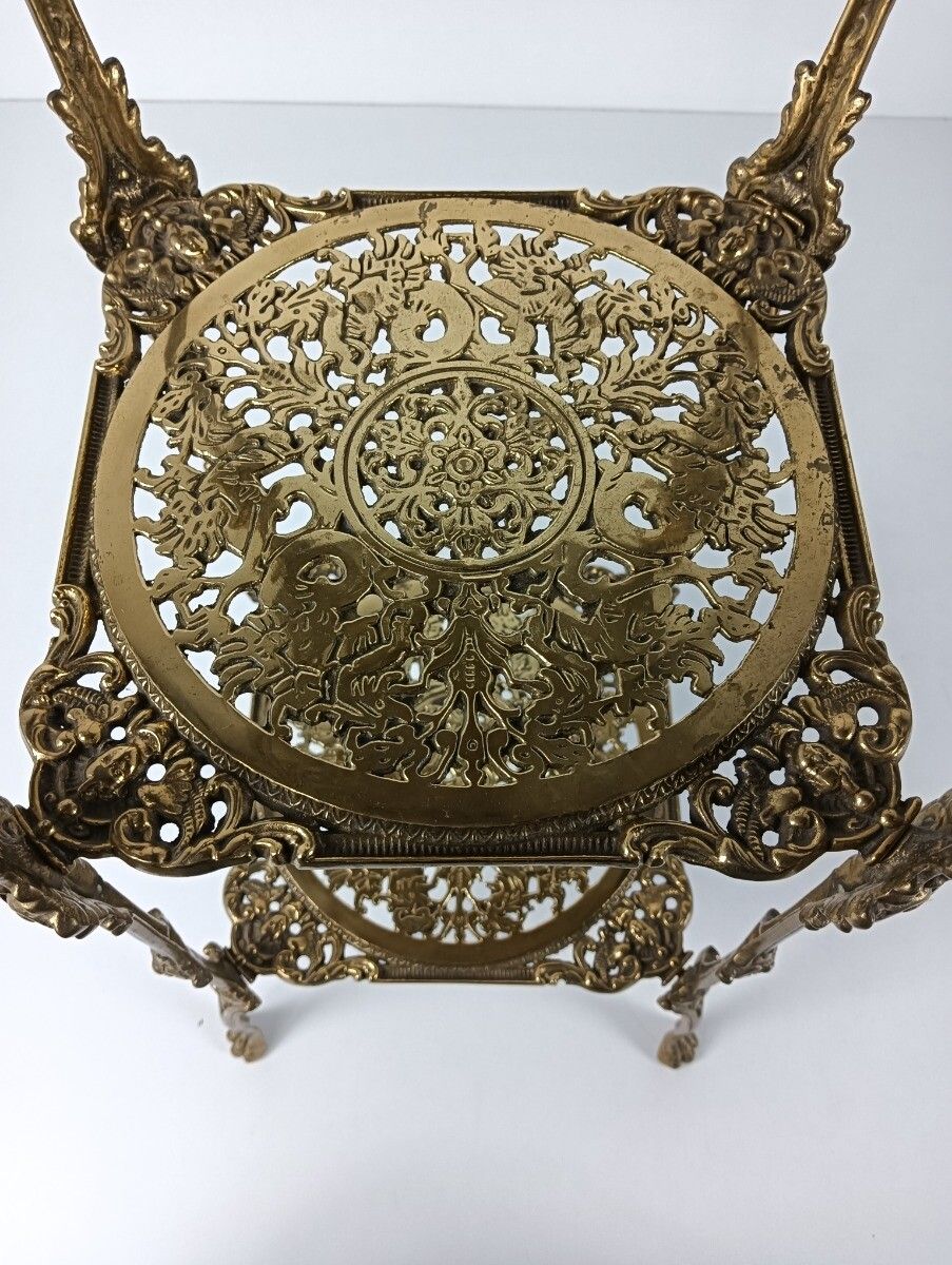 Ornate French Brass Pedestal Table Plant Stand 3 Tier Hollywood Regency  Style V photo vintage