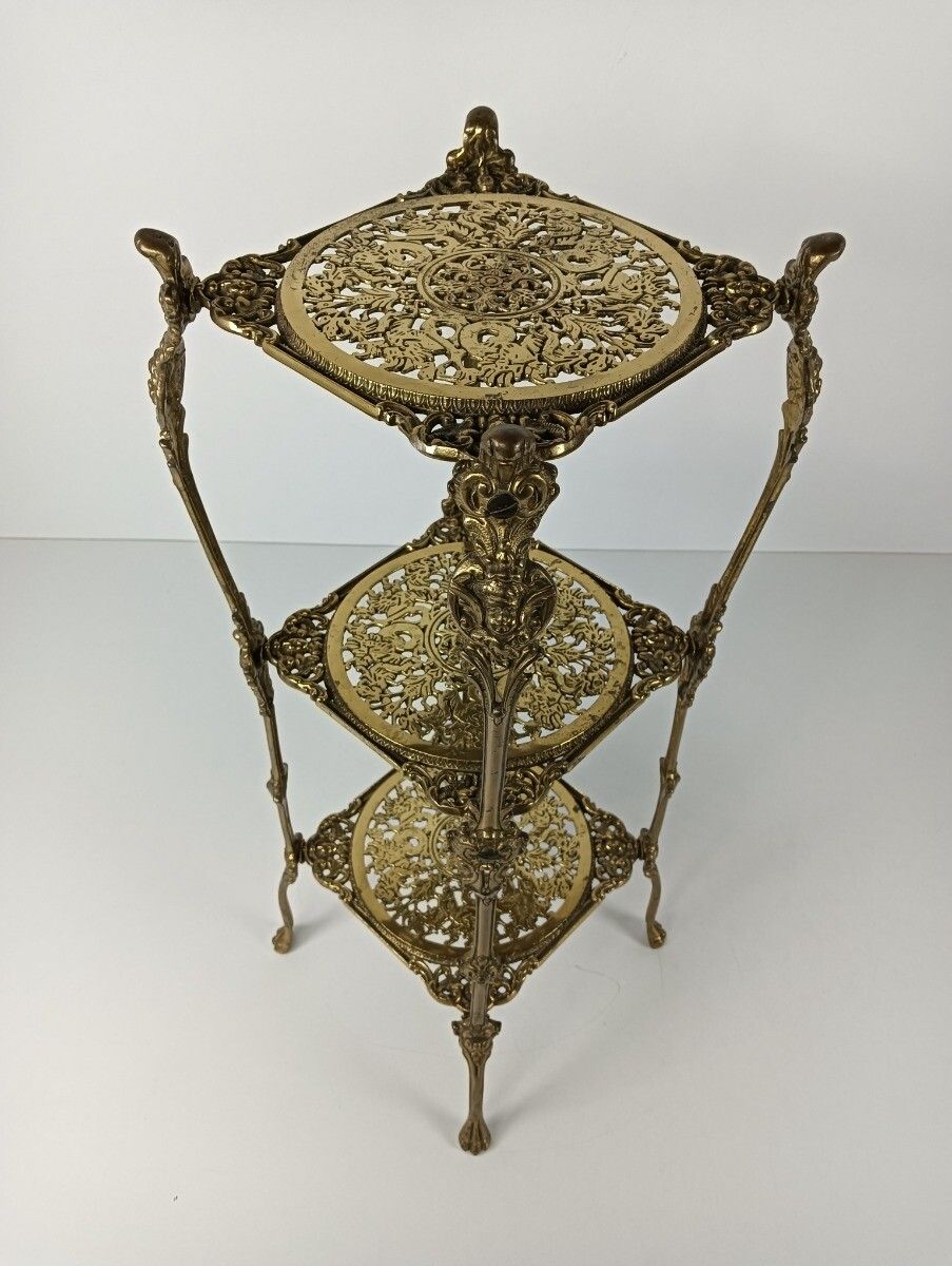 Home Decor Ornate French Brass Pedestal Table Plant Stand 3 Tier Hollywood Regency  Style V photo