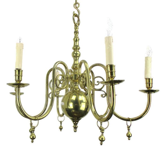 Lovely Brass Chandelier 6 Lights Arms  With Gold Toned Bells Hollywood Regency