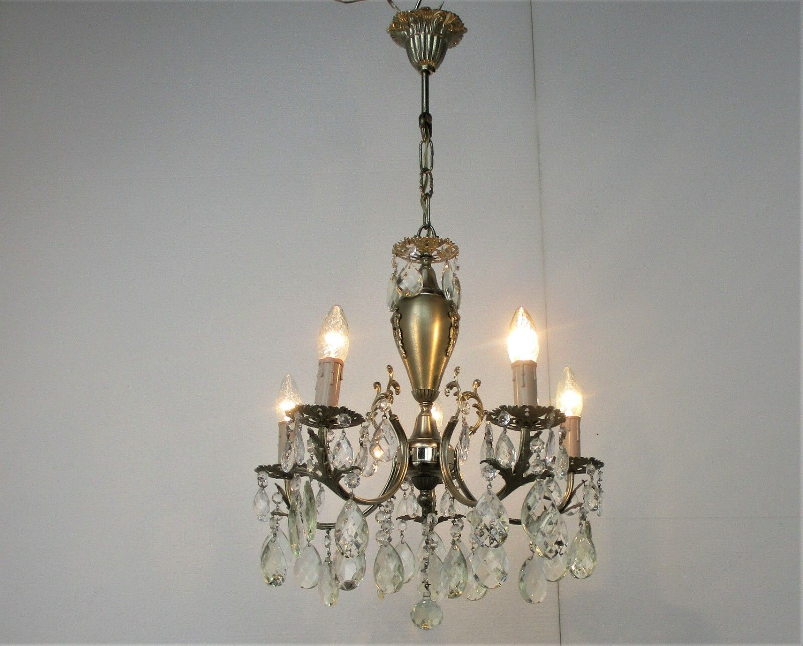Vintage Chandelier 5 Lights Arms Art Glass Prisms Spelter Hollywood Regency photo furniture