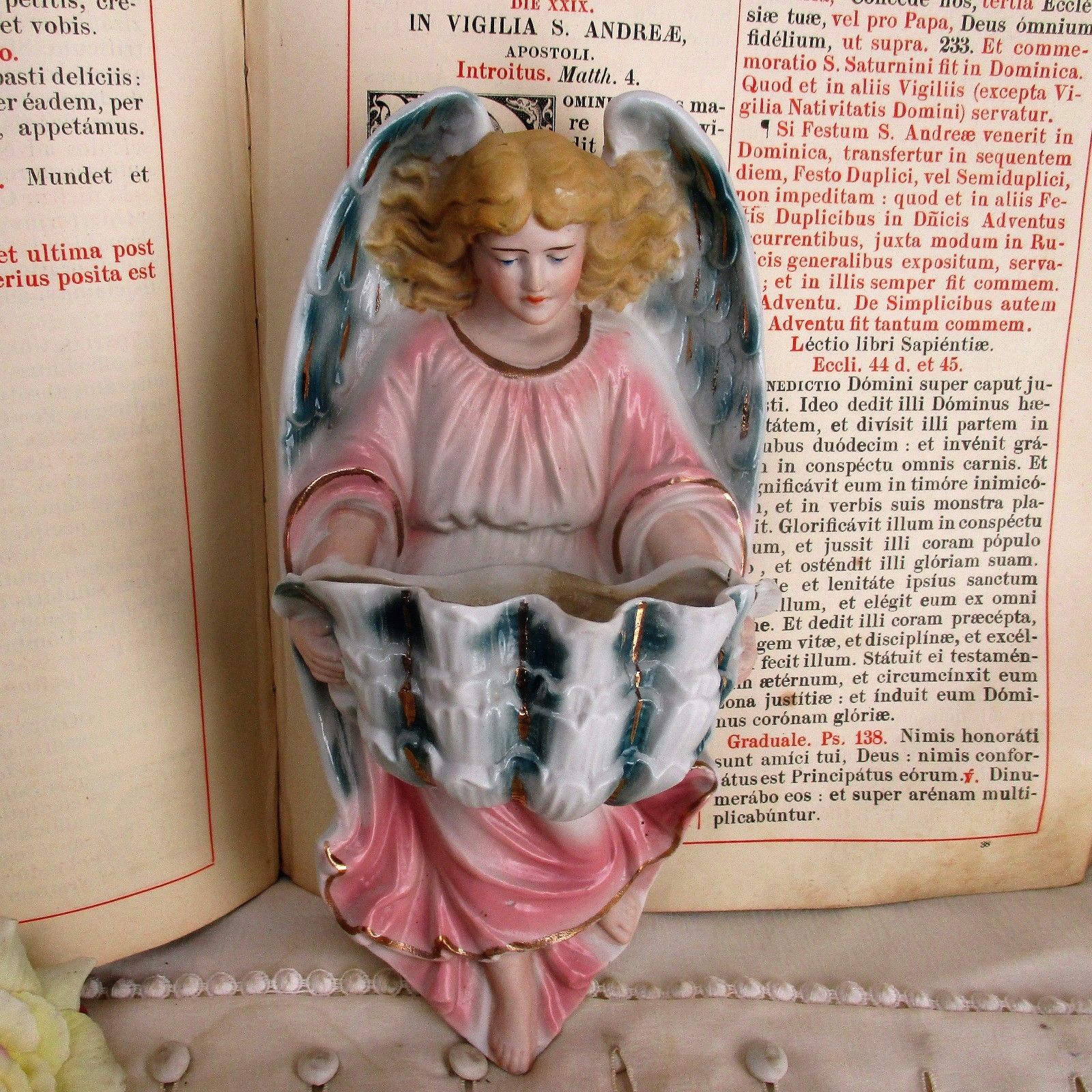 L French Holy Water Font Angel Hand Painted Bisque Gorgeous Collector Htf 8.66"