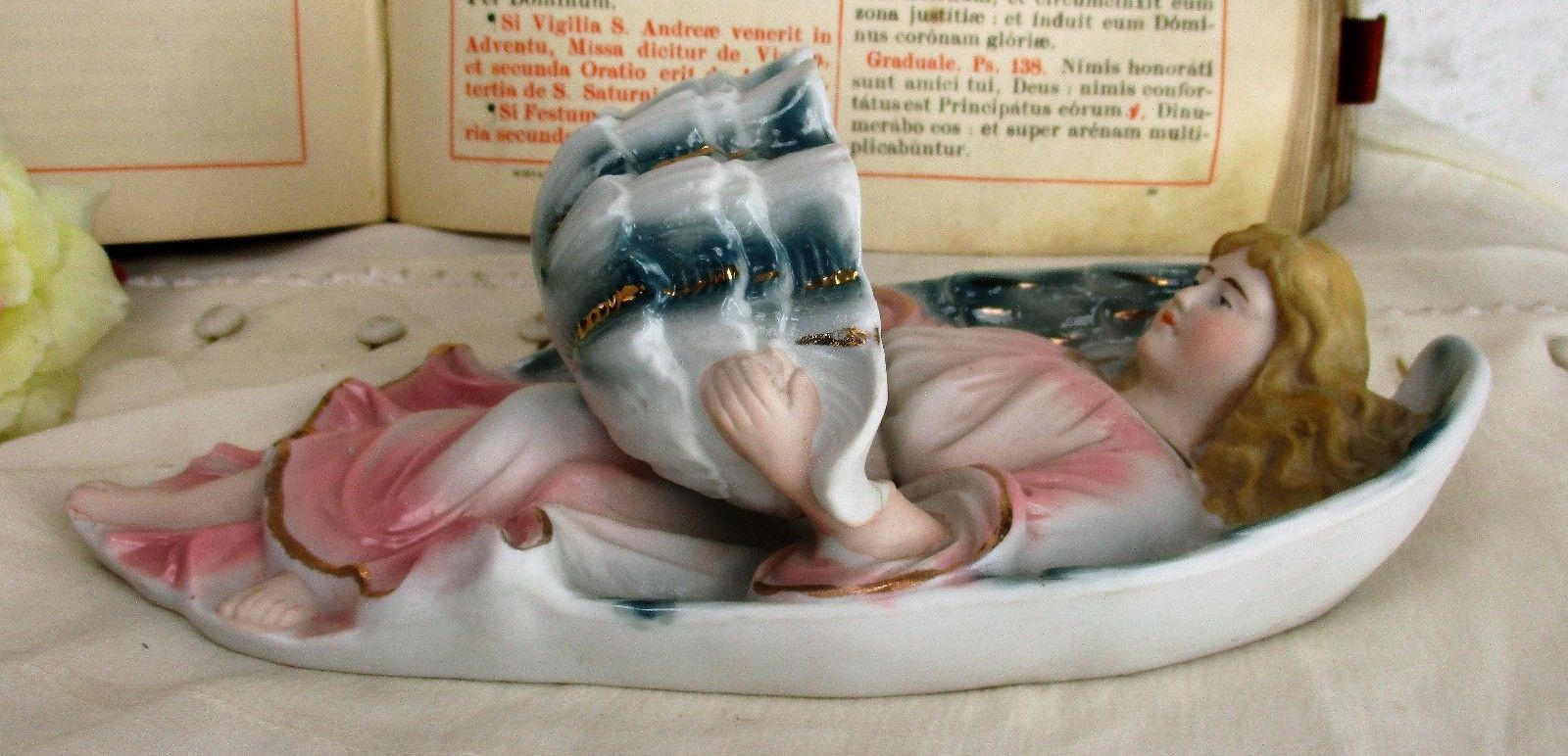 L French Holy Water Font Angel Hand Painted Bisque Gorgeous Collector Htf 8.66" photo for sale