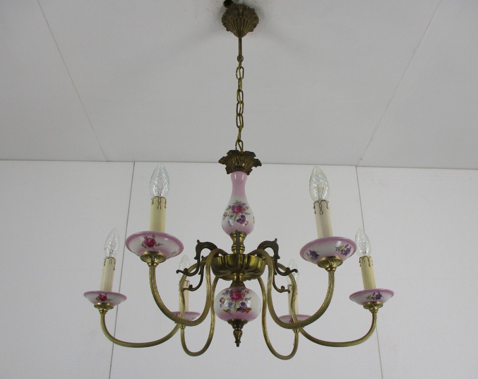 Chandelier 6 Arm Lights Italian  Porcelain Pink Flowers Ornate Brass Mid Century photo Lighting