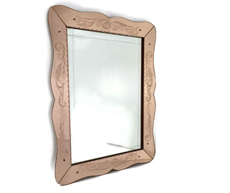 Large Art Deco Nouveau Wall Hanging Ornate Mirror Pink Clear Glass Dresser Vanit