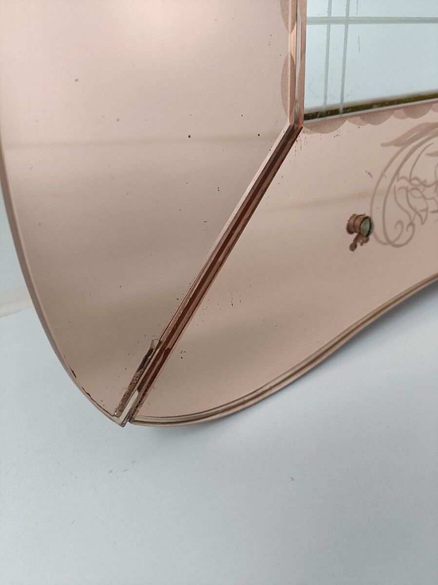 Large Art Deco Nouveau Wall Hanging Ornate Mirror Pink Clear Glass Dresser Vanit photo 445.0