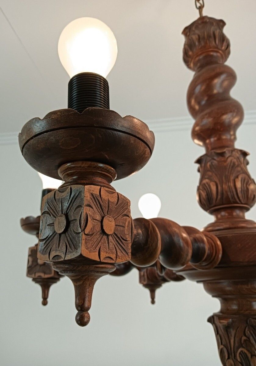 567.0 Barley Twist Twisted Wood Chandelier 6 Lights Arm Vintage Beautiful Farmhouse Ba photo