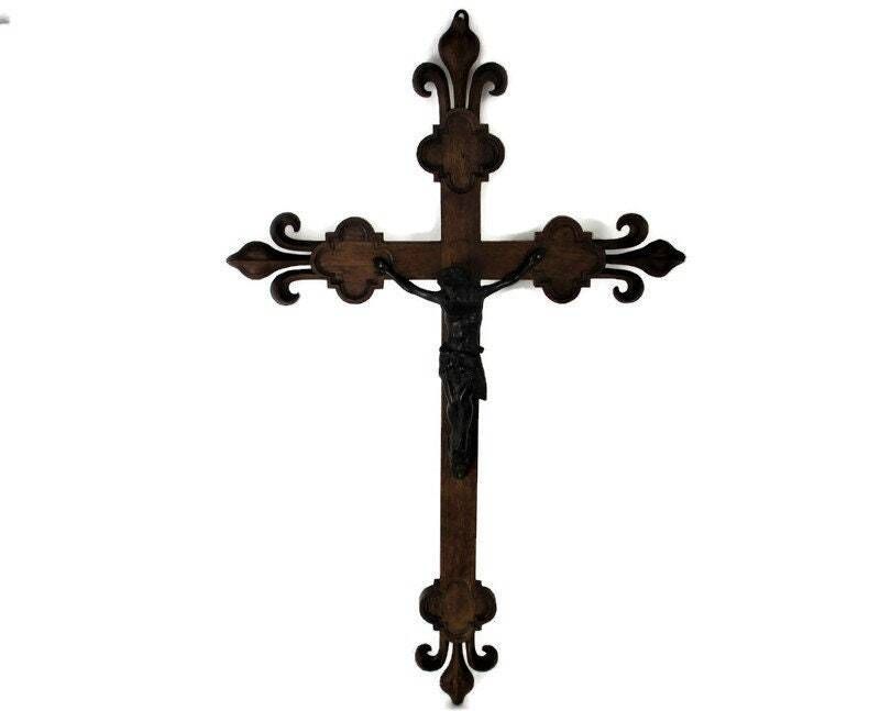 Xl Hand Carved Wood Hanging Ornate Church Chapel Crucifix French Fleur De Lis Fa