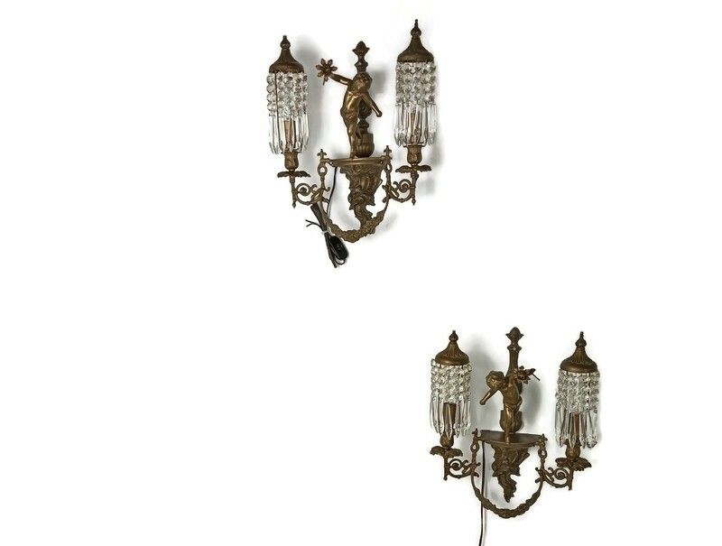 Beautiful Antique Wall Sconces Pair Lights Lamps French Cherub Angels Prisms Bra