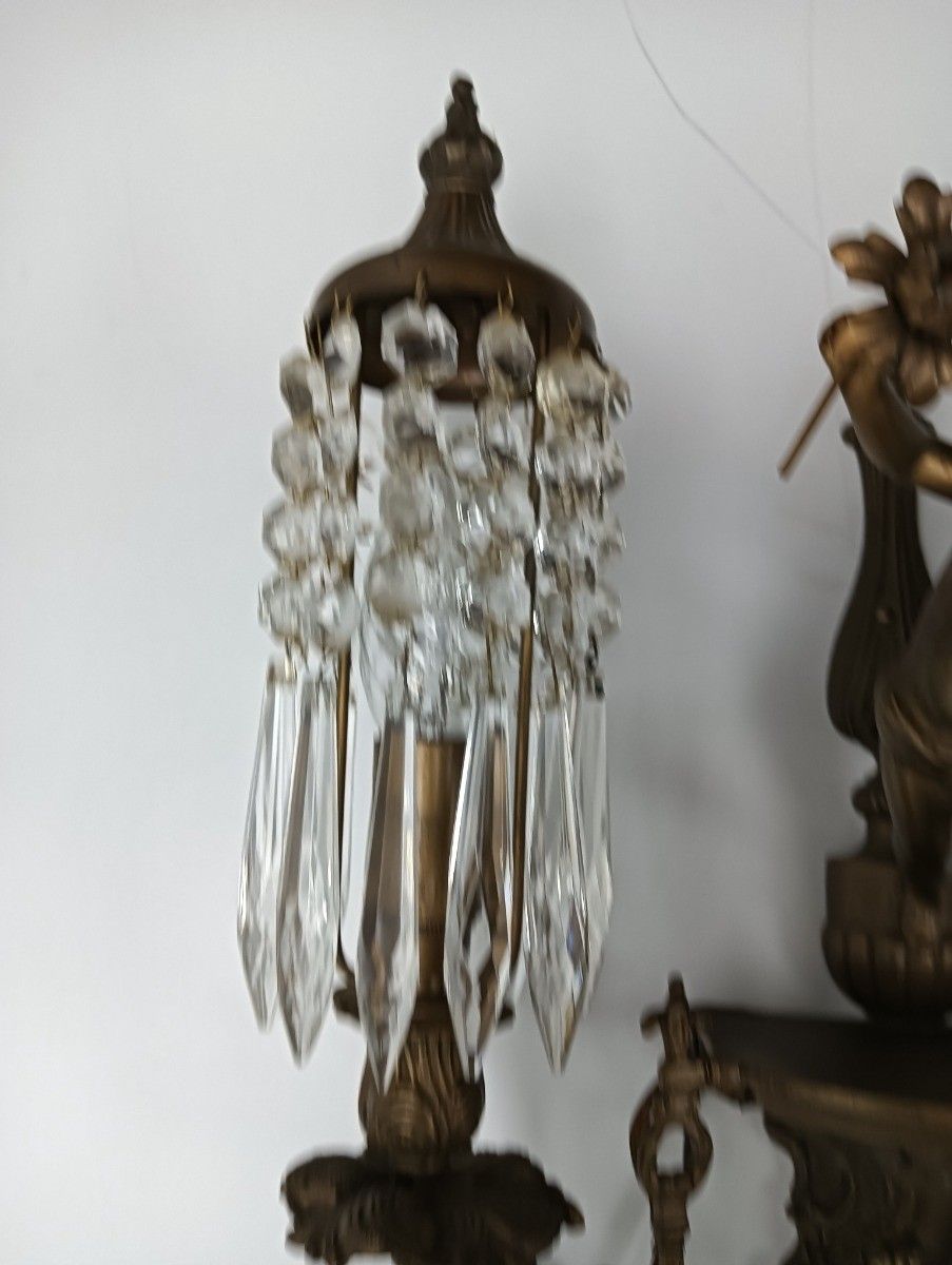 Beautiful Antique Wall Sconces Pair Lights Lamps French Cherub Angels Prisms Bra photo vintage