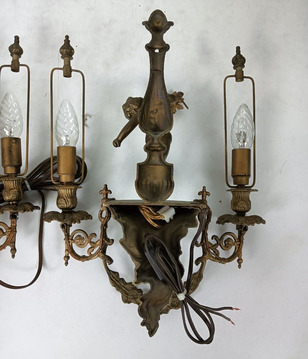 photo furniture Beautiful Antique Wall Sconces Pair Lights Lamps French Cherub Angels Prisms Bra