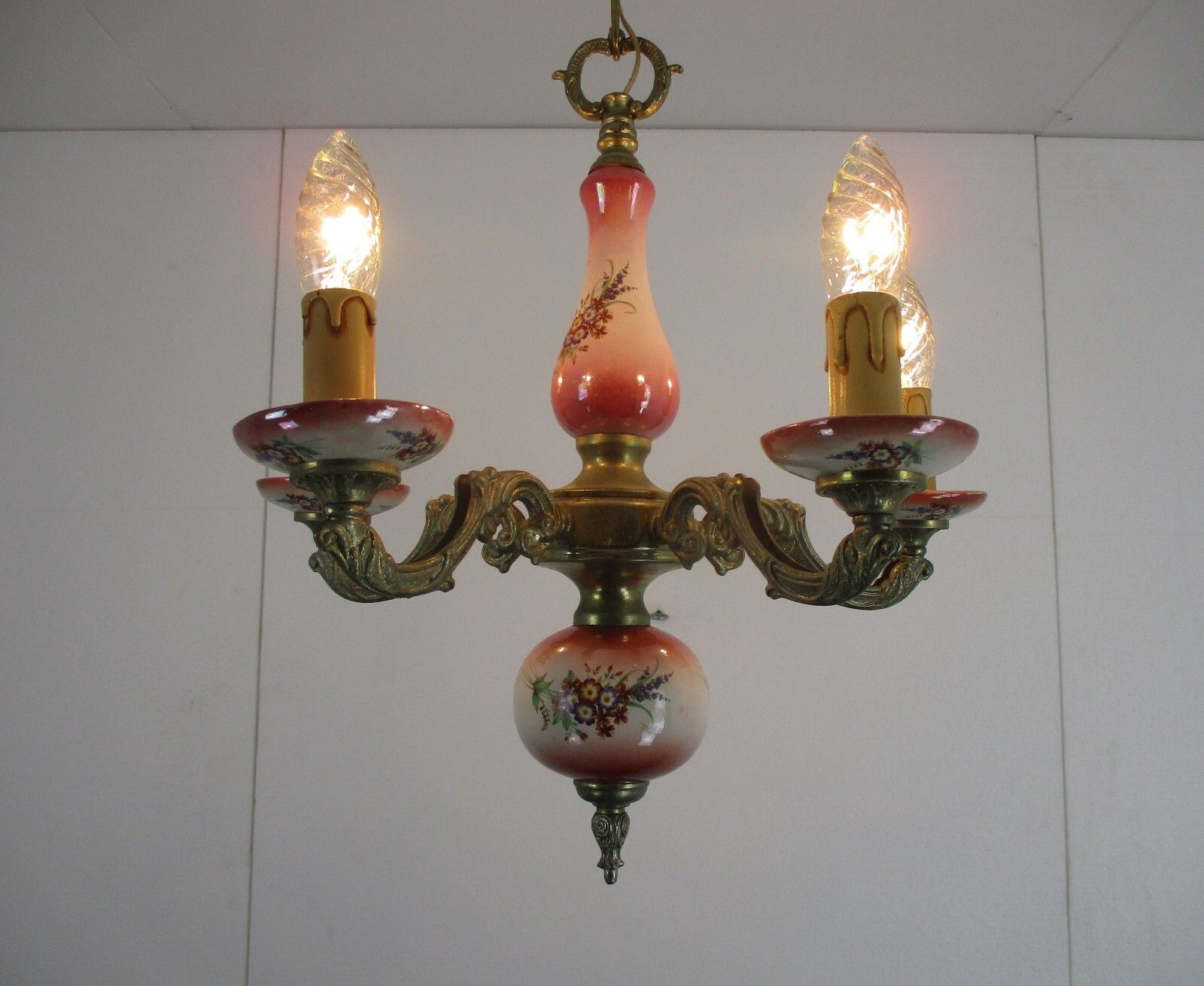 Chandelier 5 Arms Lights Ceramic Porcelain  Pink Flowers  Mid Century Italy photo vintage