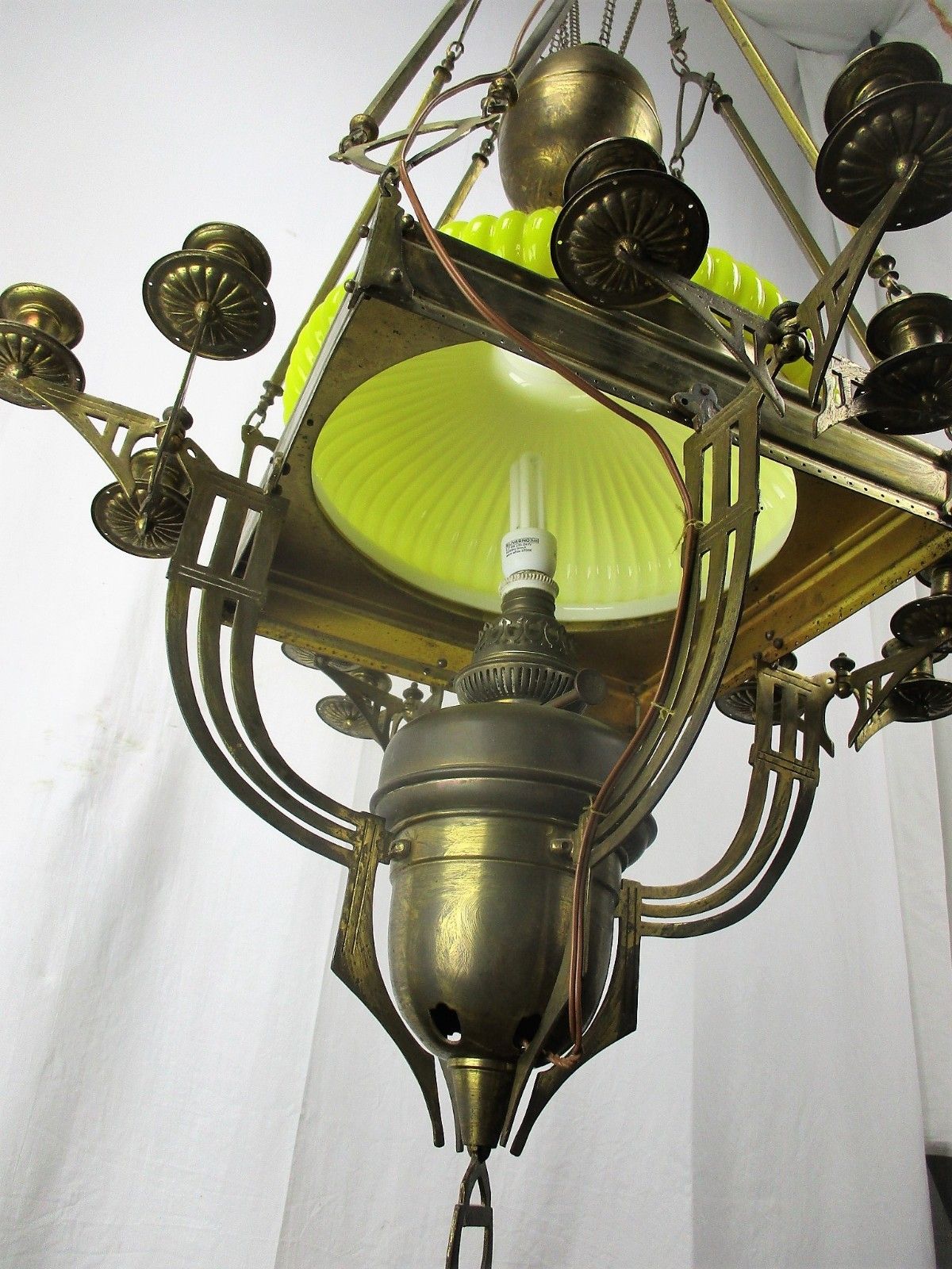 Impressive Chandelier Arts & Crafts Bauhaus Art Deco Brass Yellow Opaline Shade photo for sale