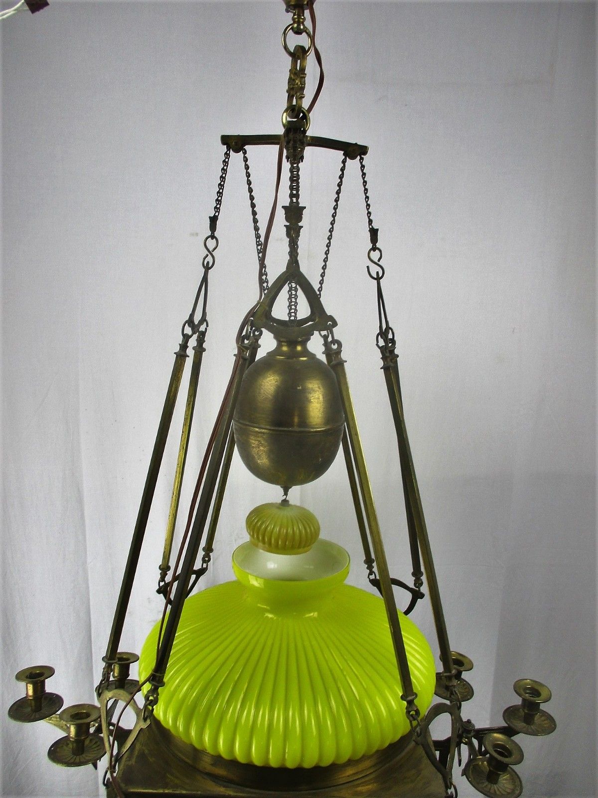 Impressive Chandelier Arts & Crafts Bauhaus Art Deco Brass Yellow Opaline Shade photo vinterior