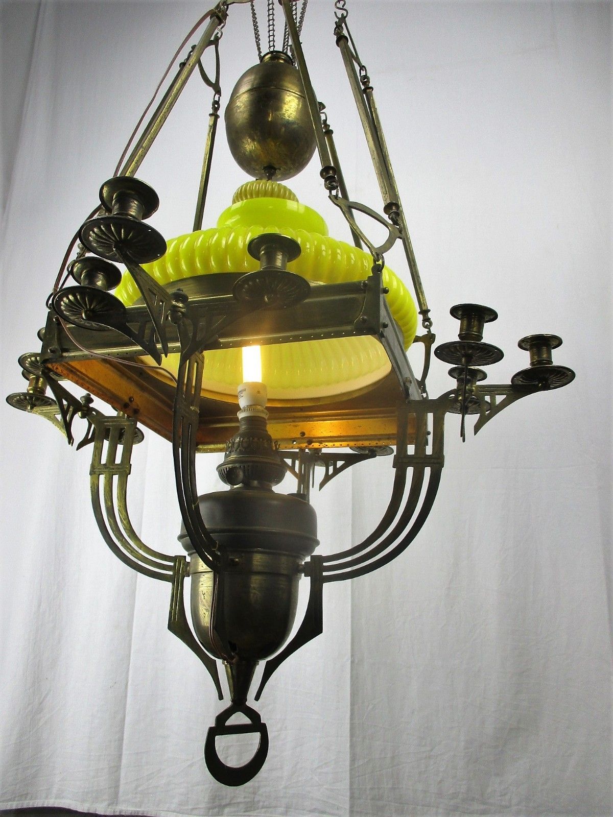 Impressive Chandelier Arts & Crafts Bauhaus Art Deco Brass Yellow Opaline Shade photo vintage