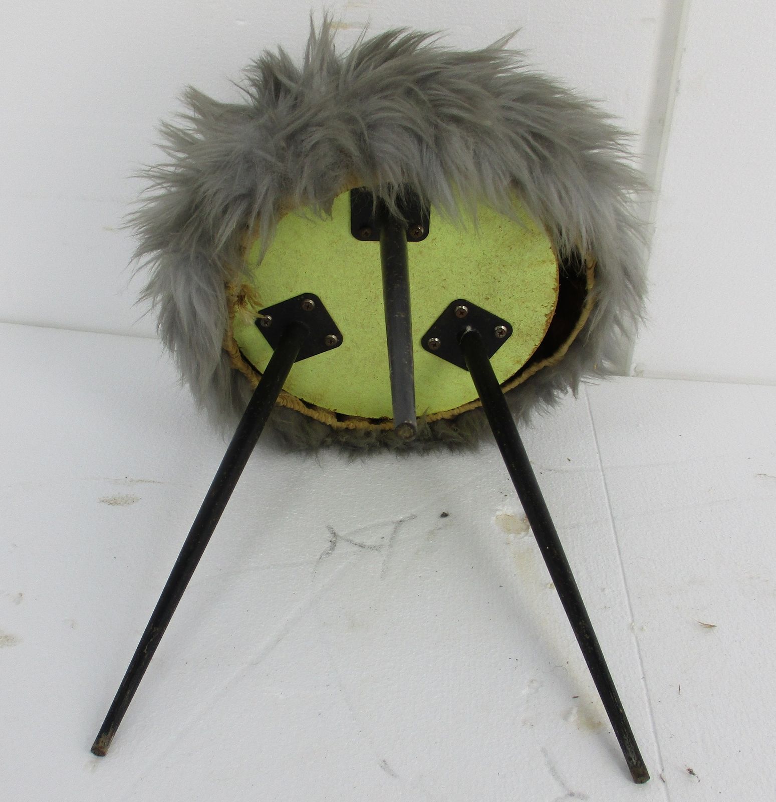 Retro Grey Plush Stool Chair Retro Metal Tripod Legs Mid Century Design photo vinterior