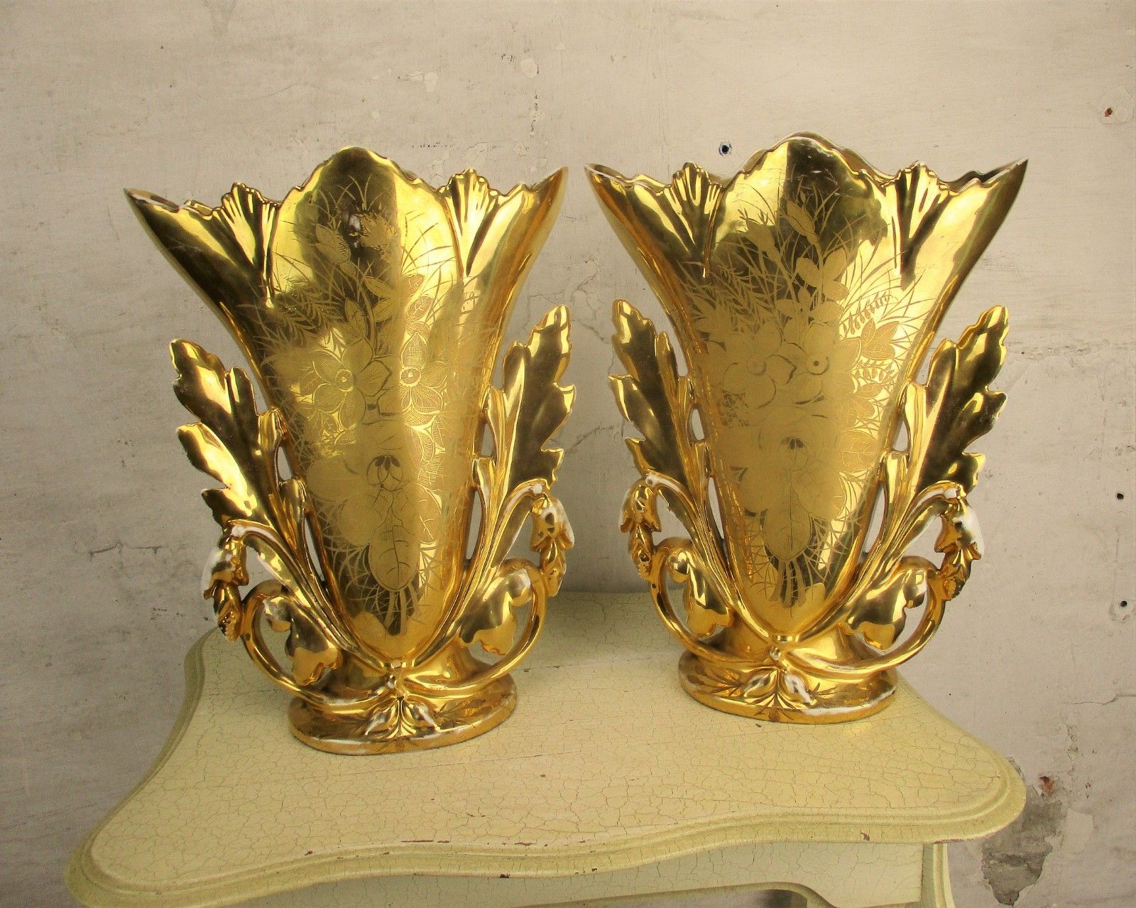 Xl Couple Antique Vieux Paris Porcelain Fan Flair Vases Church Chapel Gold Gilt photo furniture